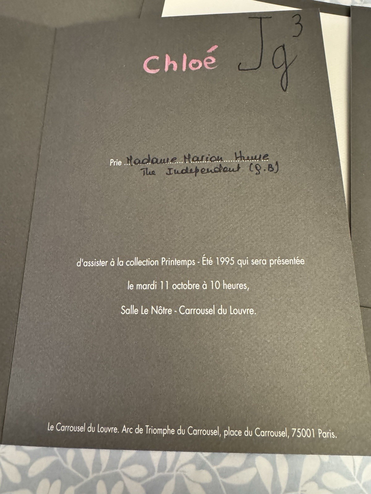 Chloe Runway Spring 1995 Written Invite Linda Evangelista Karl Lagerfeld RARE