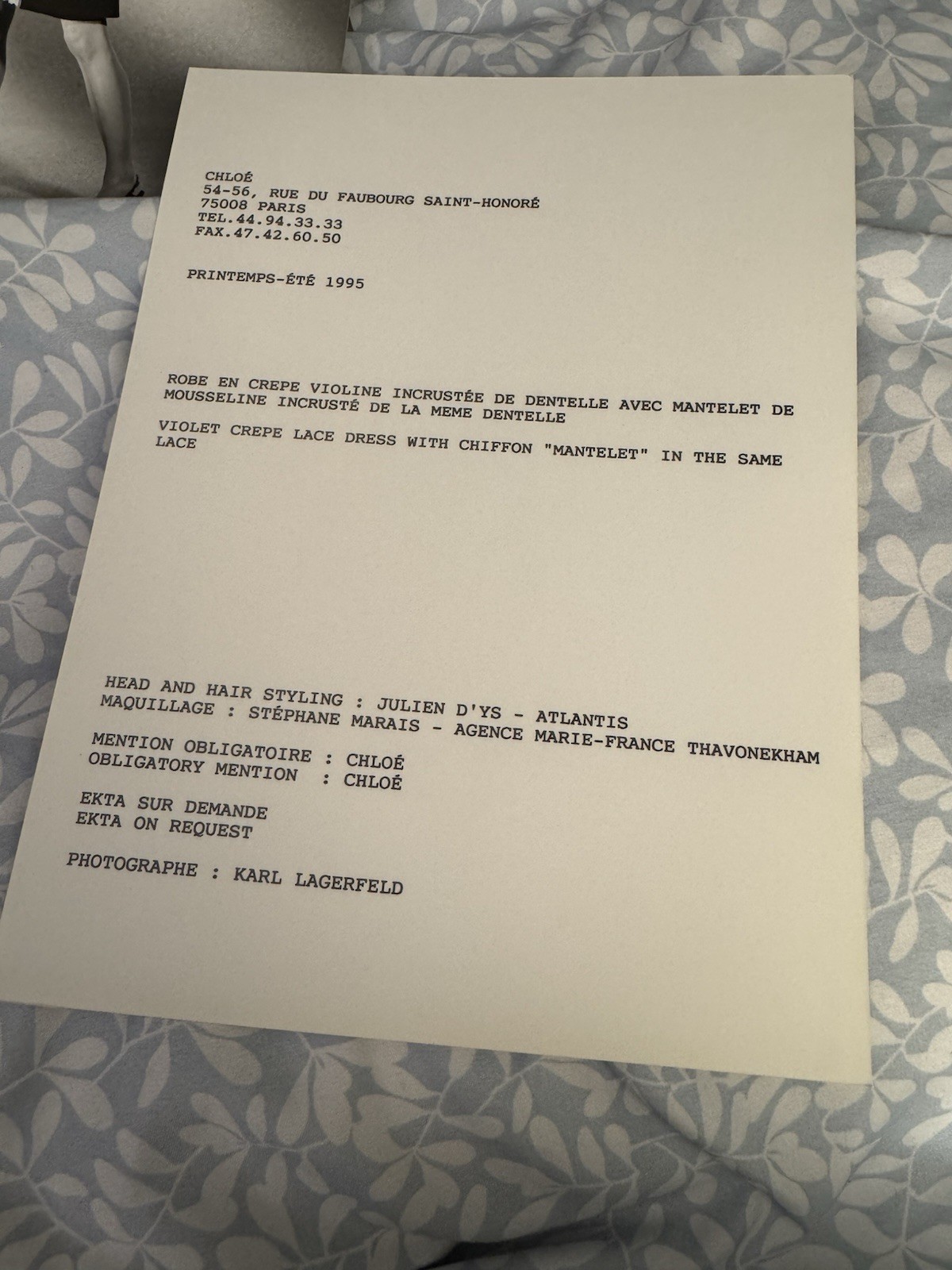 Chloe Runway Spring 1995 Written Invite Linda Evangelista Karl Lagerfeld RARE