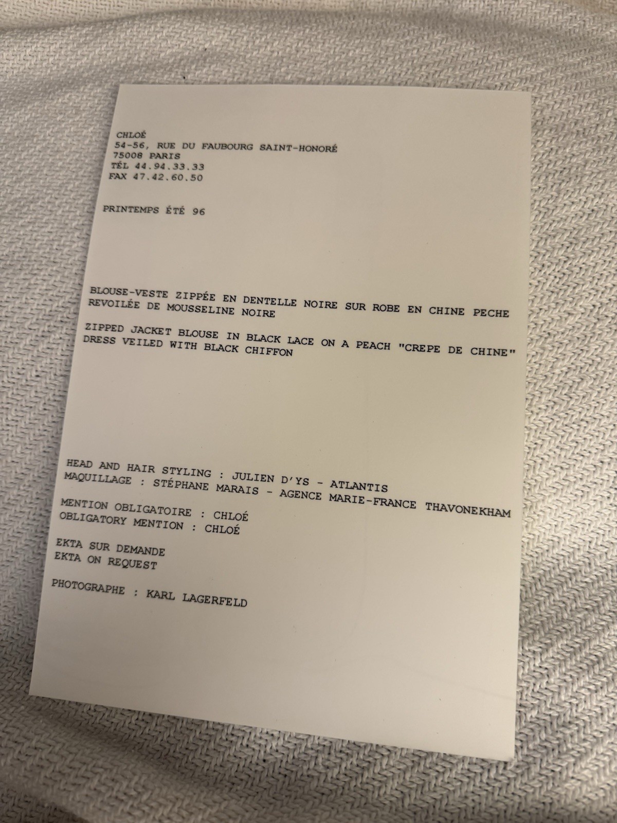 Chloe Runway Spring 1996 Written Invite Linda Evangelista Karl Lagerfeld RARE