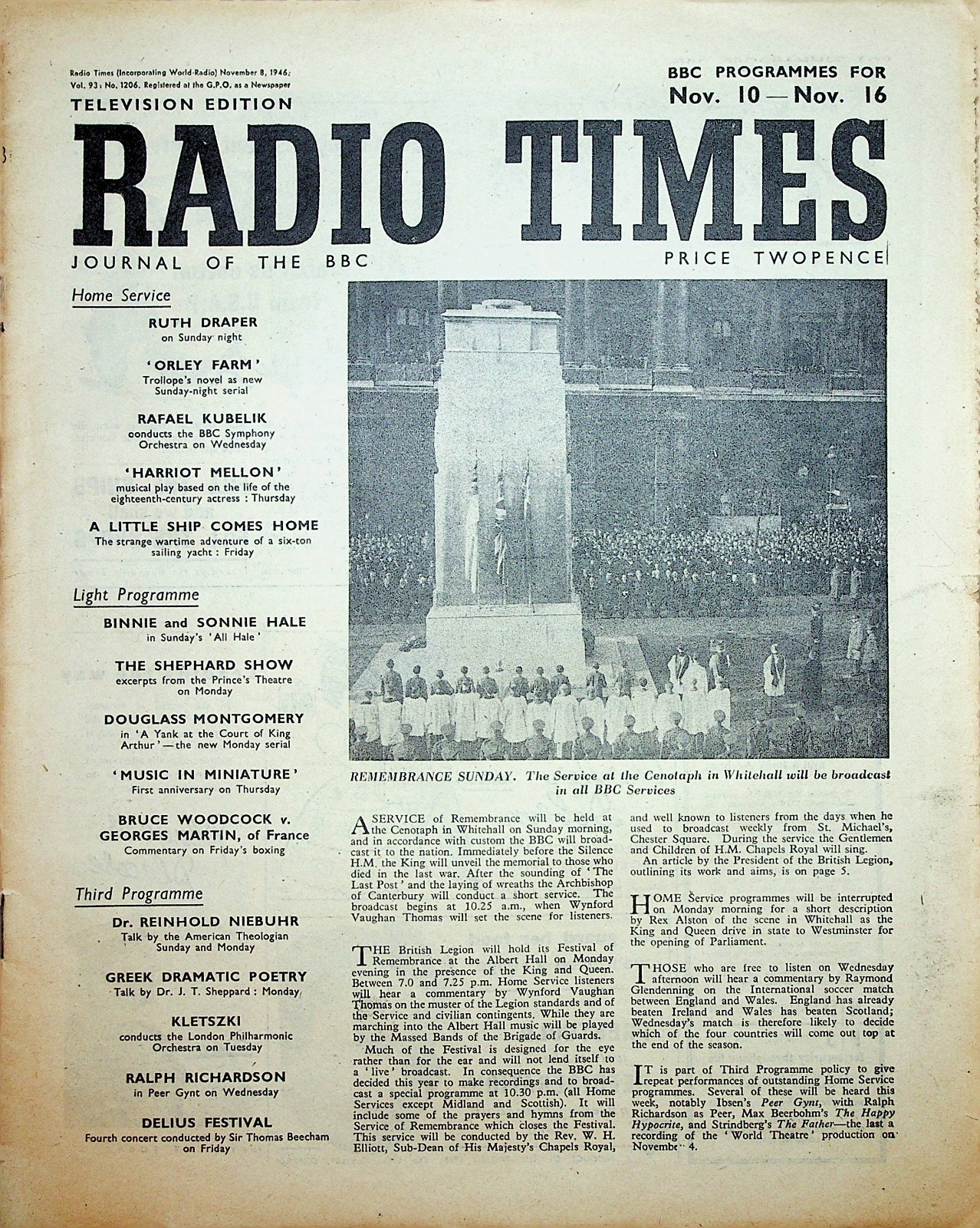 Vintage Radio Times 1946 BBC TV Journal Nov 10th post-war WWII