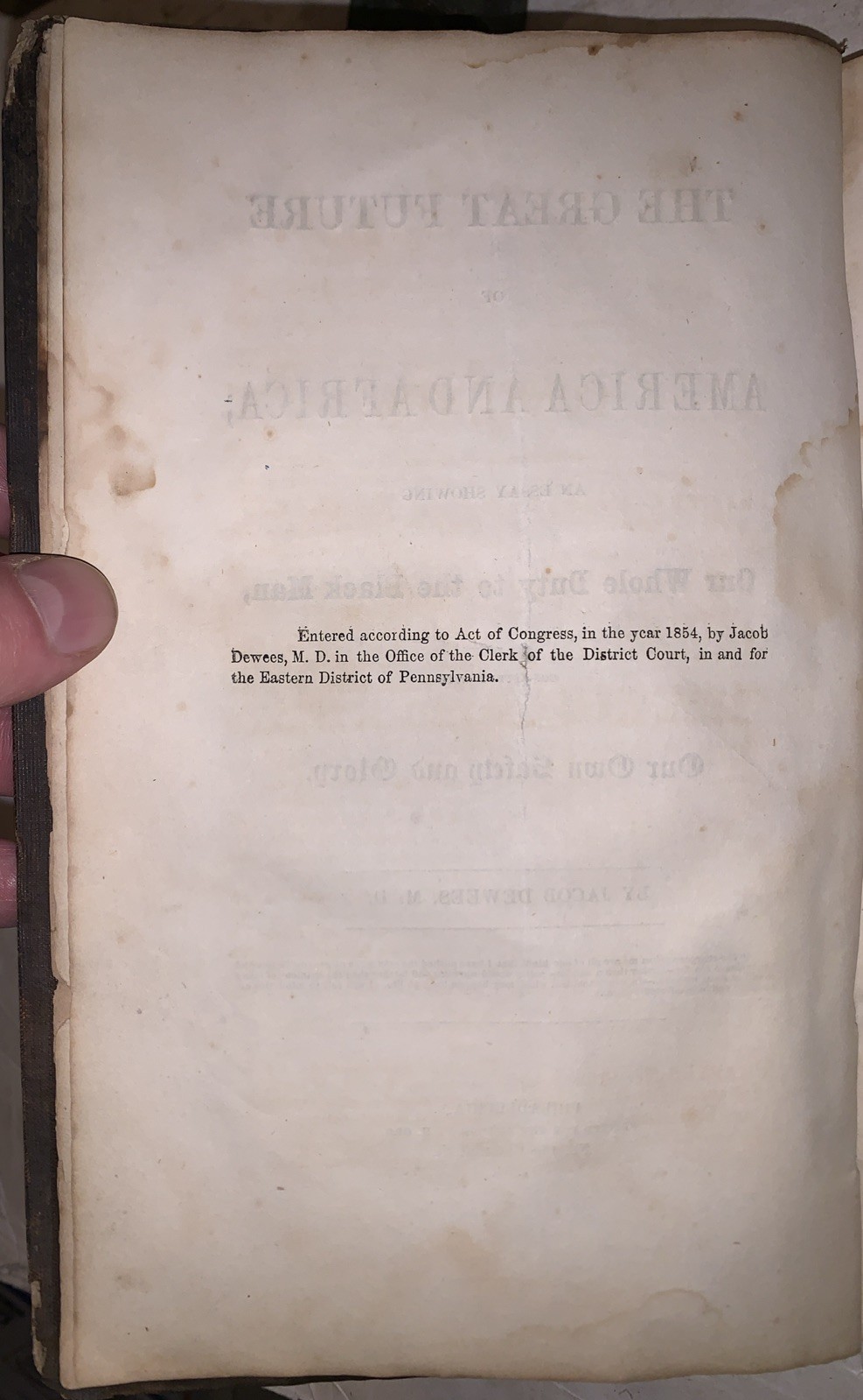 1854, 1st, THE GREAT FUTURE OF AMERICA AND AFRICA, by JACOB DEWEES, SLAVERY