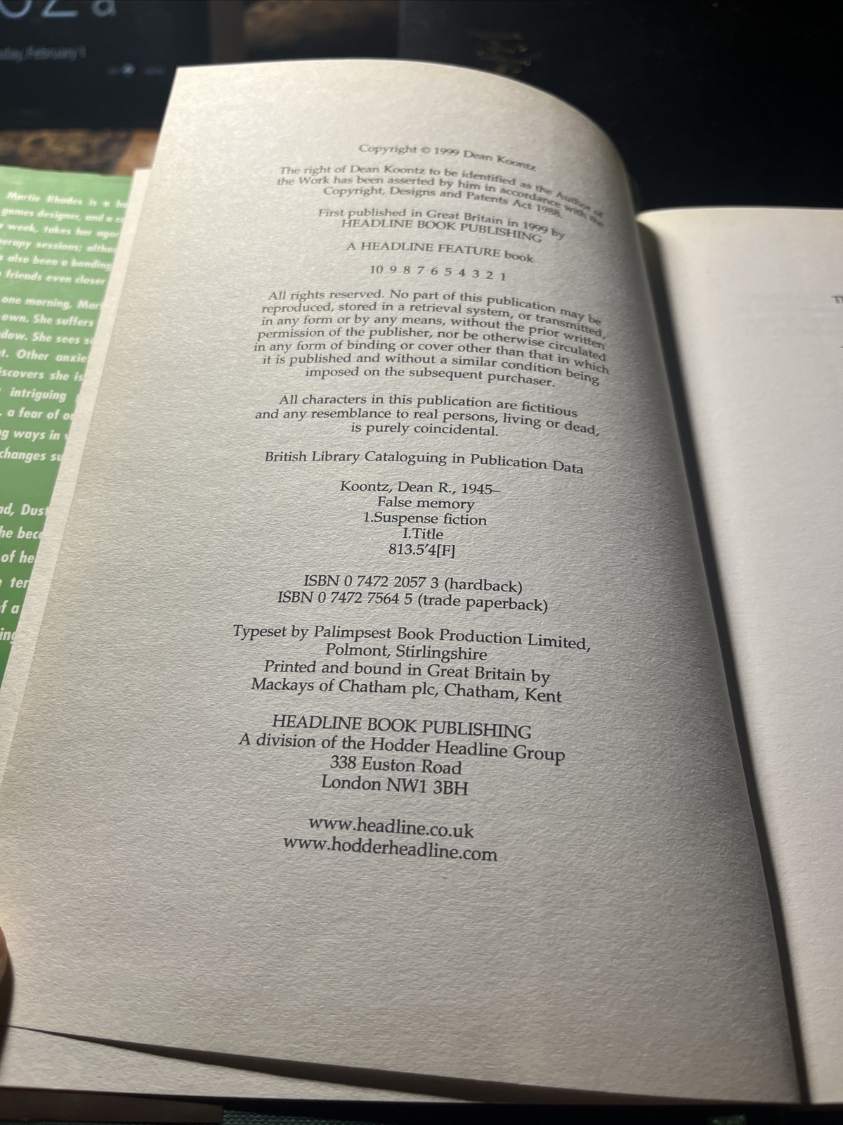 False Memory (British Edition) By Dean Koontz 1999 Issue