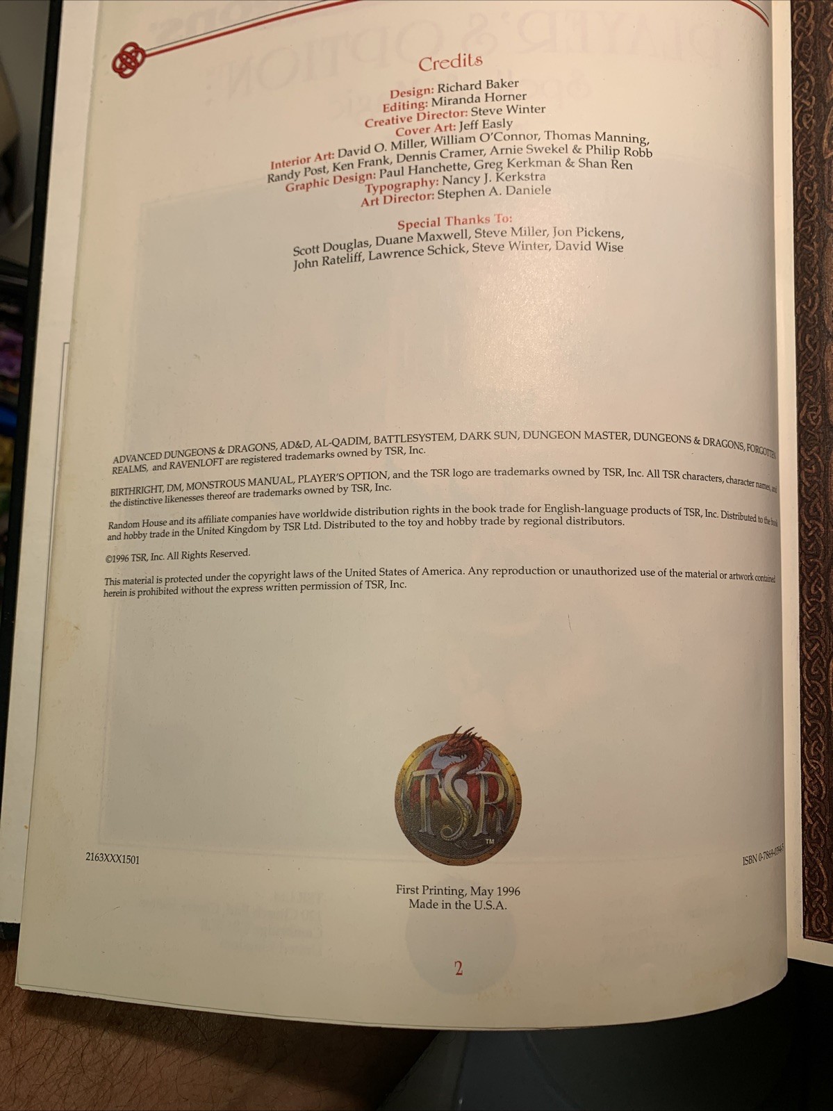 TSR AD&D Player&rsquo;s Option: Spells & Power Harcover 2163 1st Print Vintage 1996