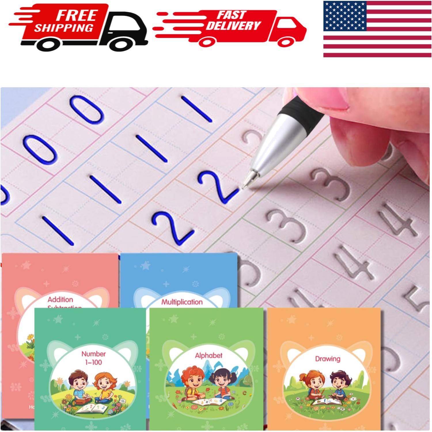 Magic Practice Copybook Set – 5 Reusable Books for Kids Age 3-8, Calligraphy Joy