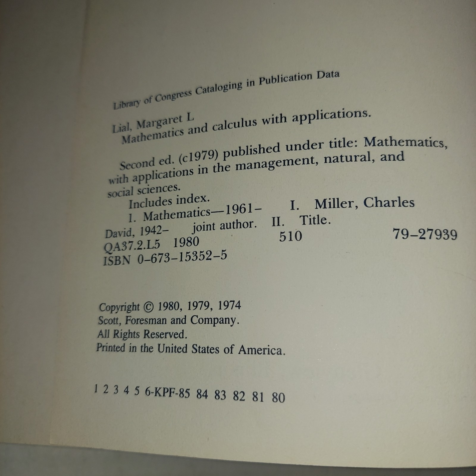 Mathematics Calculus with Applications Lial – Miller 1980 Examination Copy