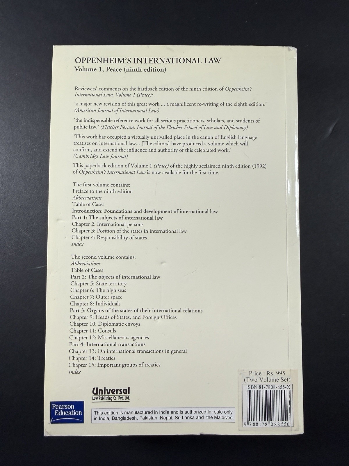 Oppenheim’s International Law PEACE 9th Edition Parts 1-4 in Two Paperback Books