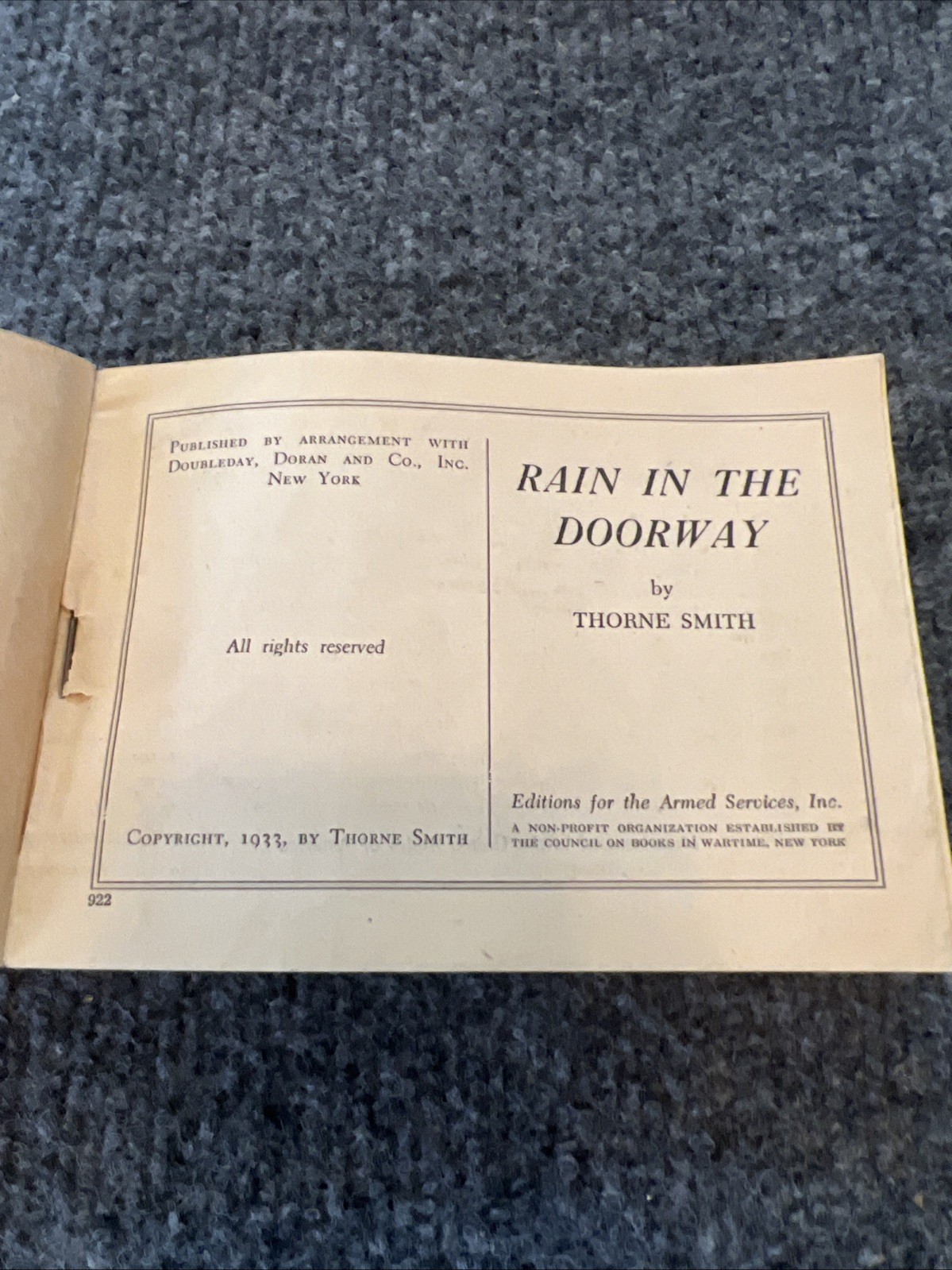 ARMED SERVICE Edition #922 Rain In The Doorway Thorne Smith 1933 Paperback