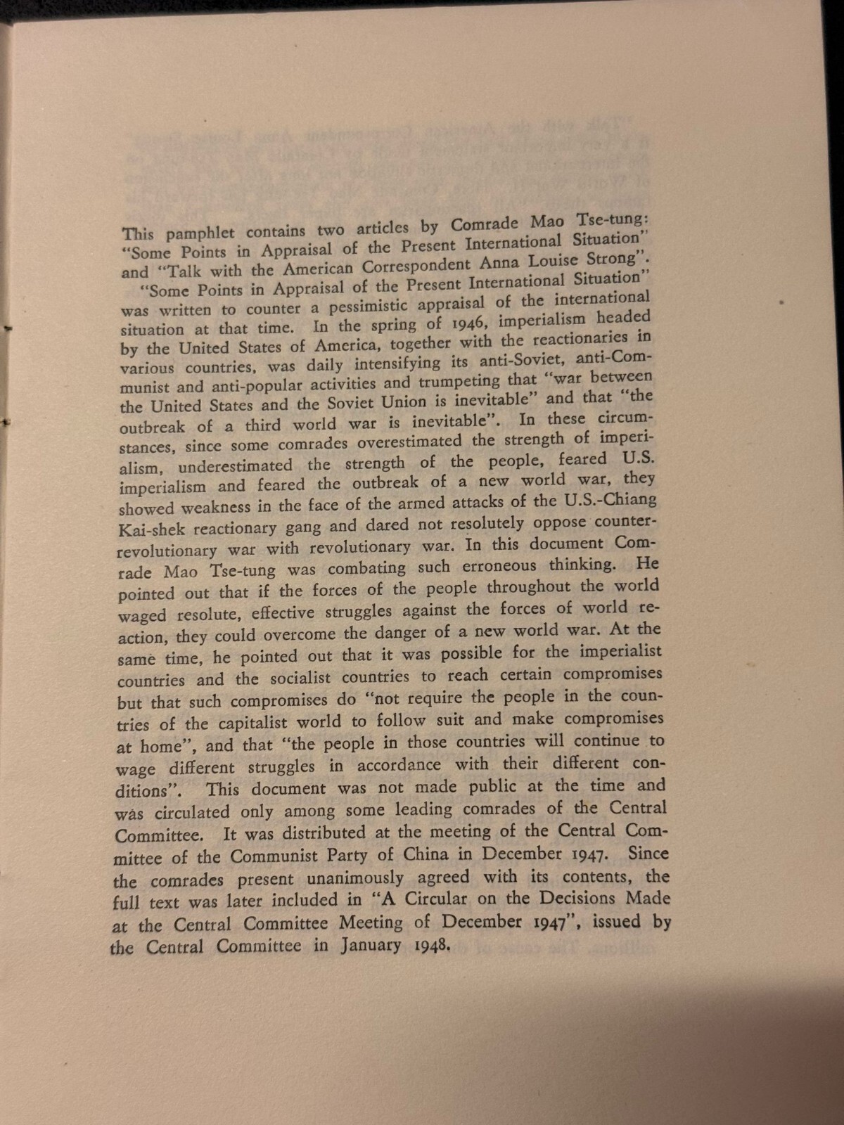 Mao Tse-Tung, TALK WITH THE AMERICAN CORRESPONDENT ANNA LOUISE STRONG, Very Rare
