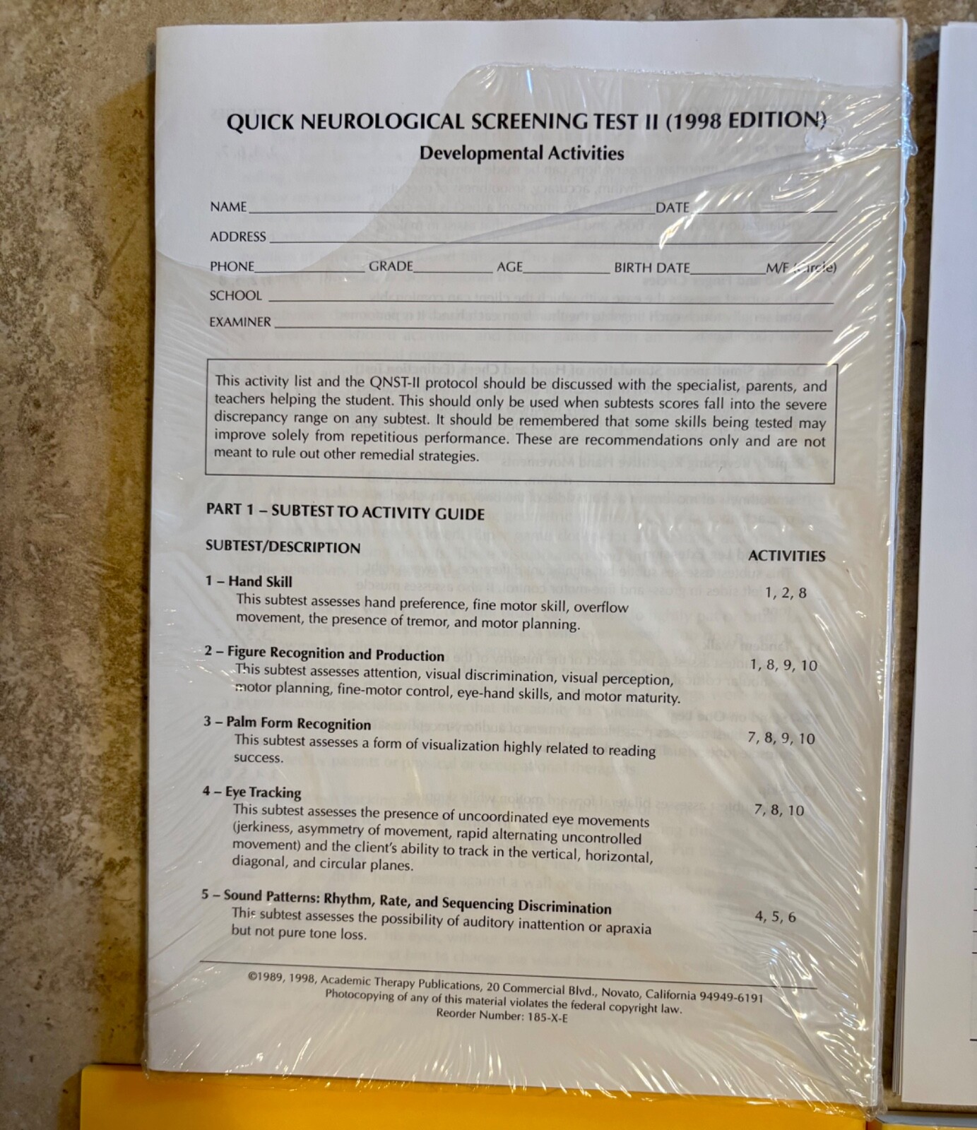 1979 ATP — Quick Neurological Screening Test QNST — Manual, Cue Cards, Score