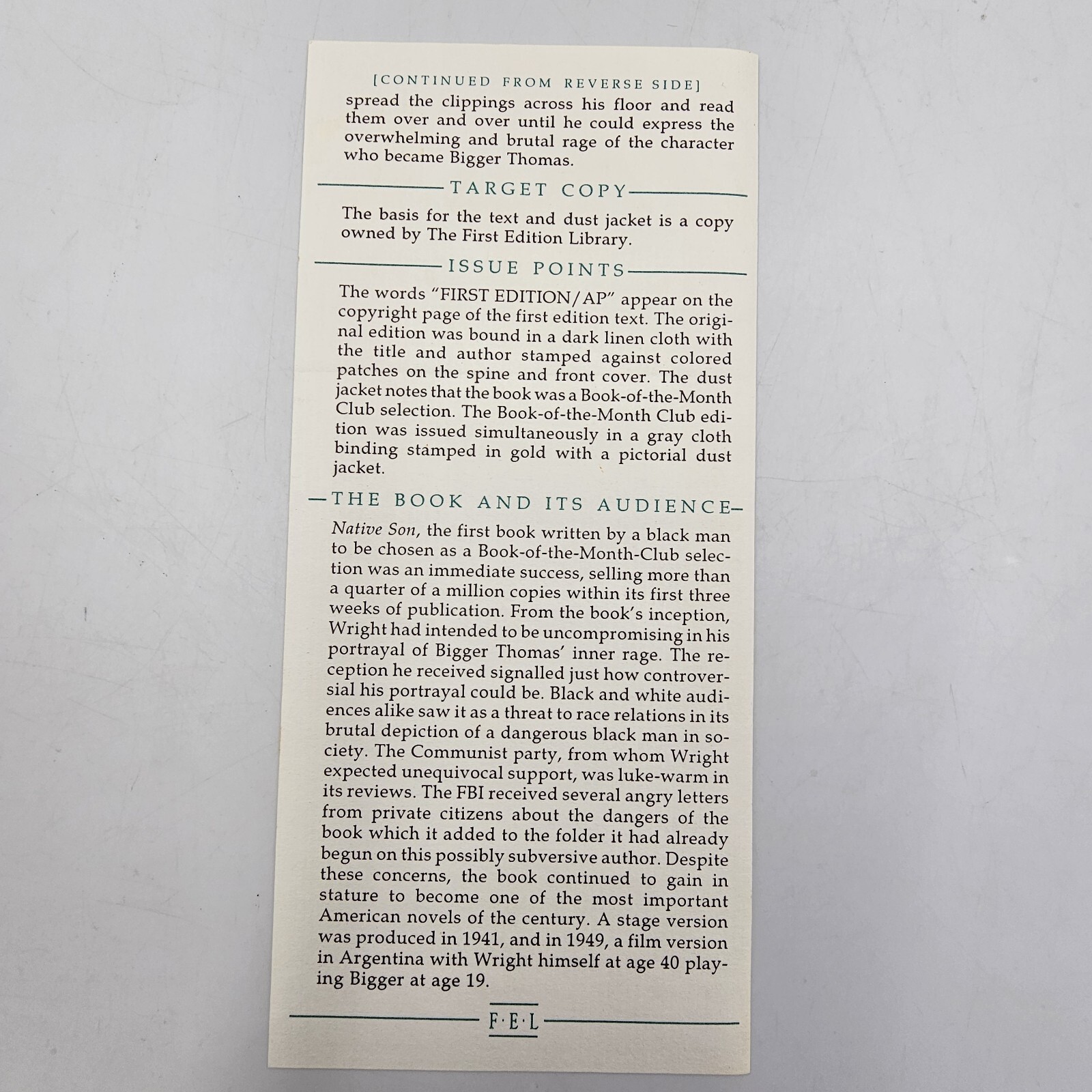 Native Son Richard Wright 1st HC Facsimile in Slipcase w Issue Sheet