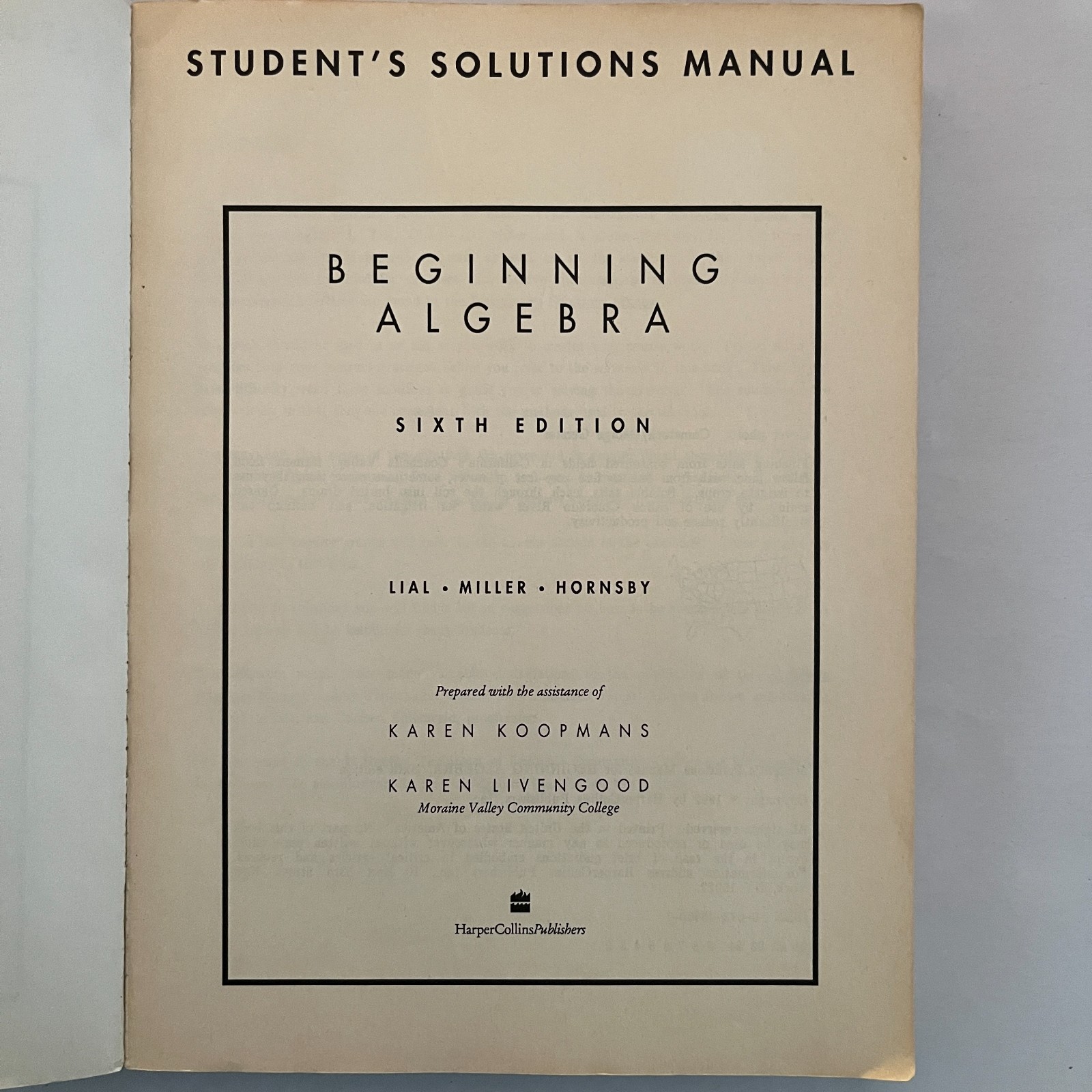 VTG. Beginning Algebra Student Solutions Manual 6th Edition 1992 Lial Miller