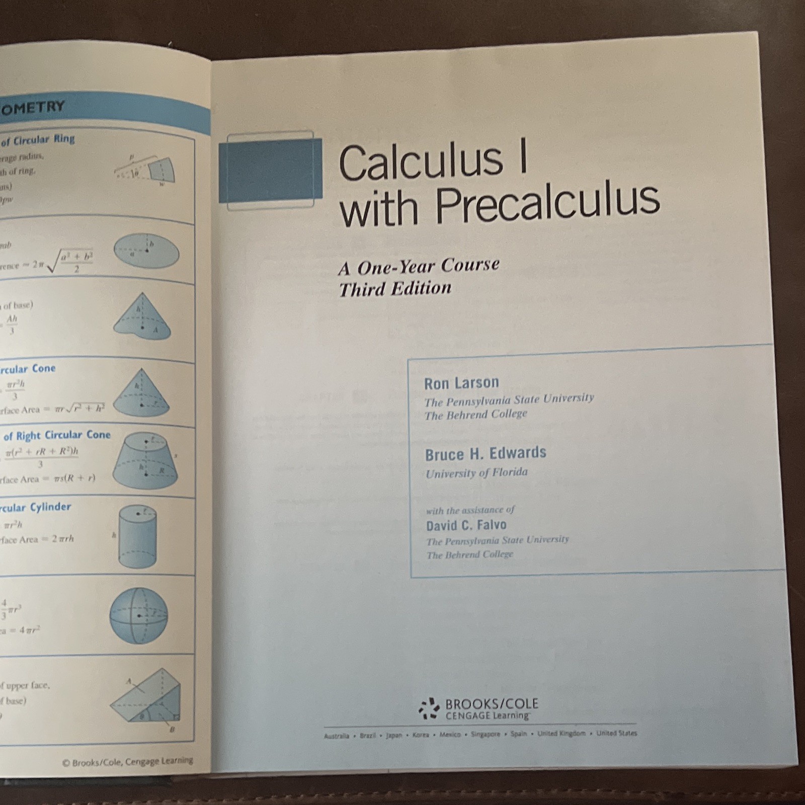 Larson & Edwards Calculus I w/ Precalculus 3rd Ed HC 2010 Brooks/Cole