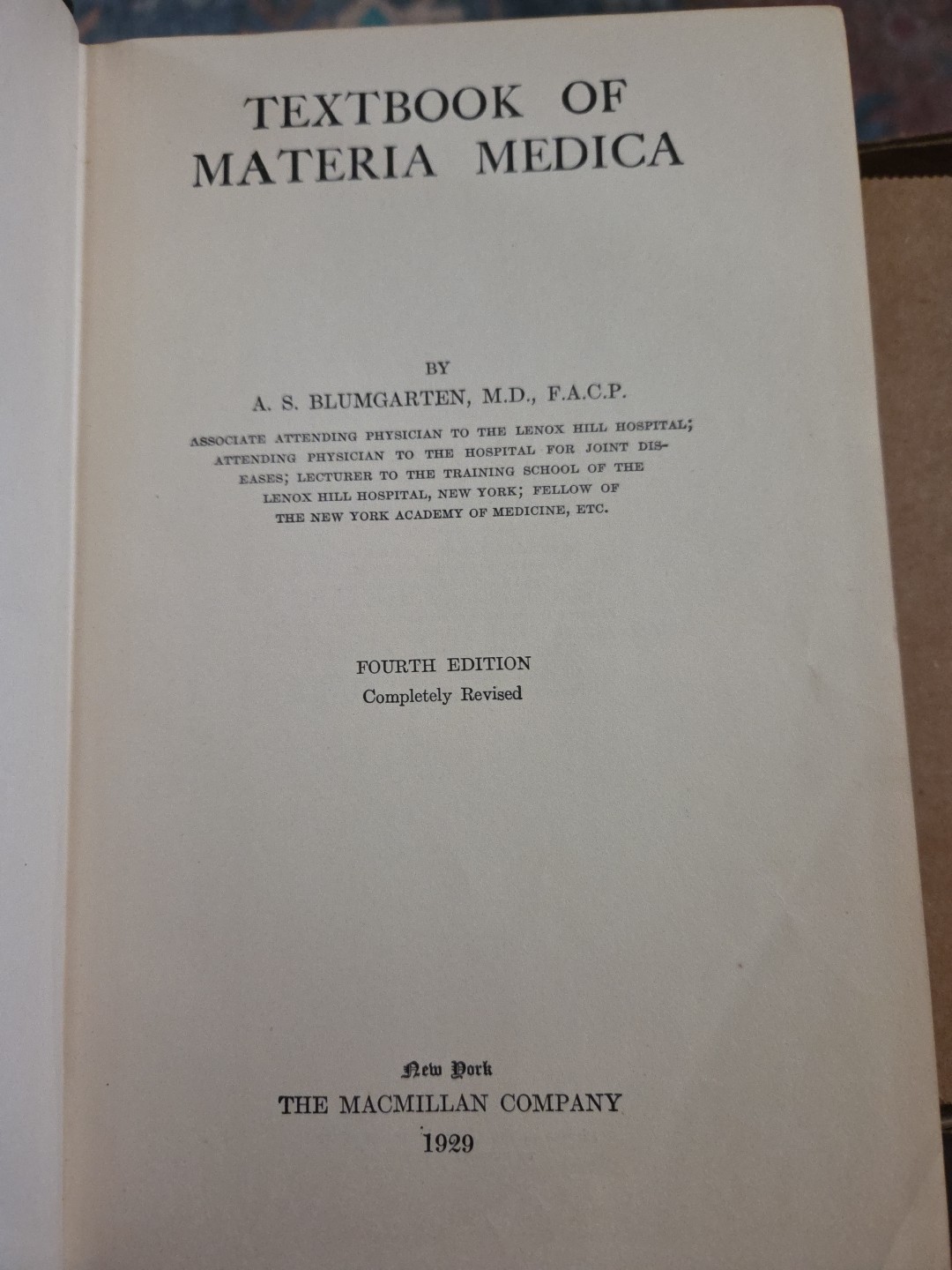 Medical Textbook of Materia Medica by Blumgarten 1929 – Hardcover 4th Edition