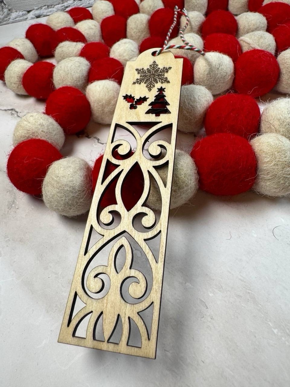 Christmas Bookmark Wood 5×1.5 in Festive Snowflake Tree Holly Design Holiday Gif