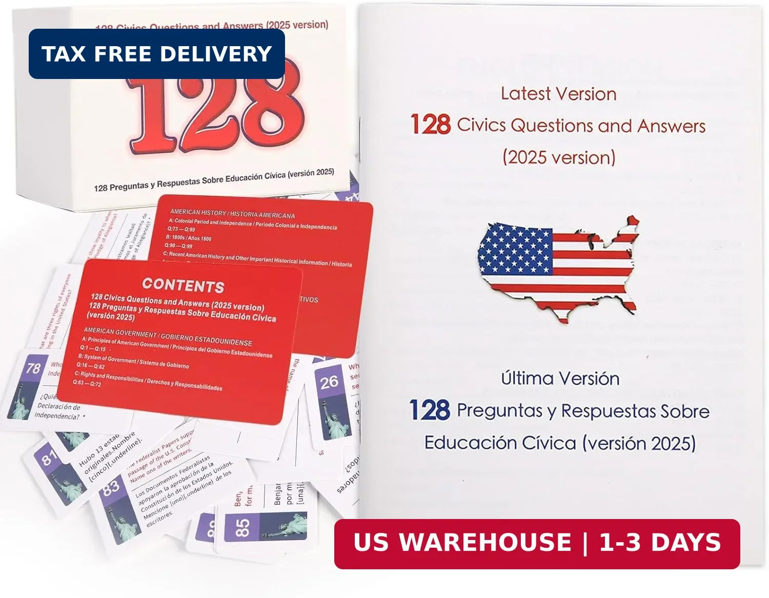 US Citizenship Flash Cards 2026-128 Civics Test Flash Cards Bilingual Spanish En