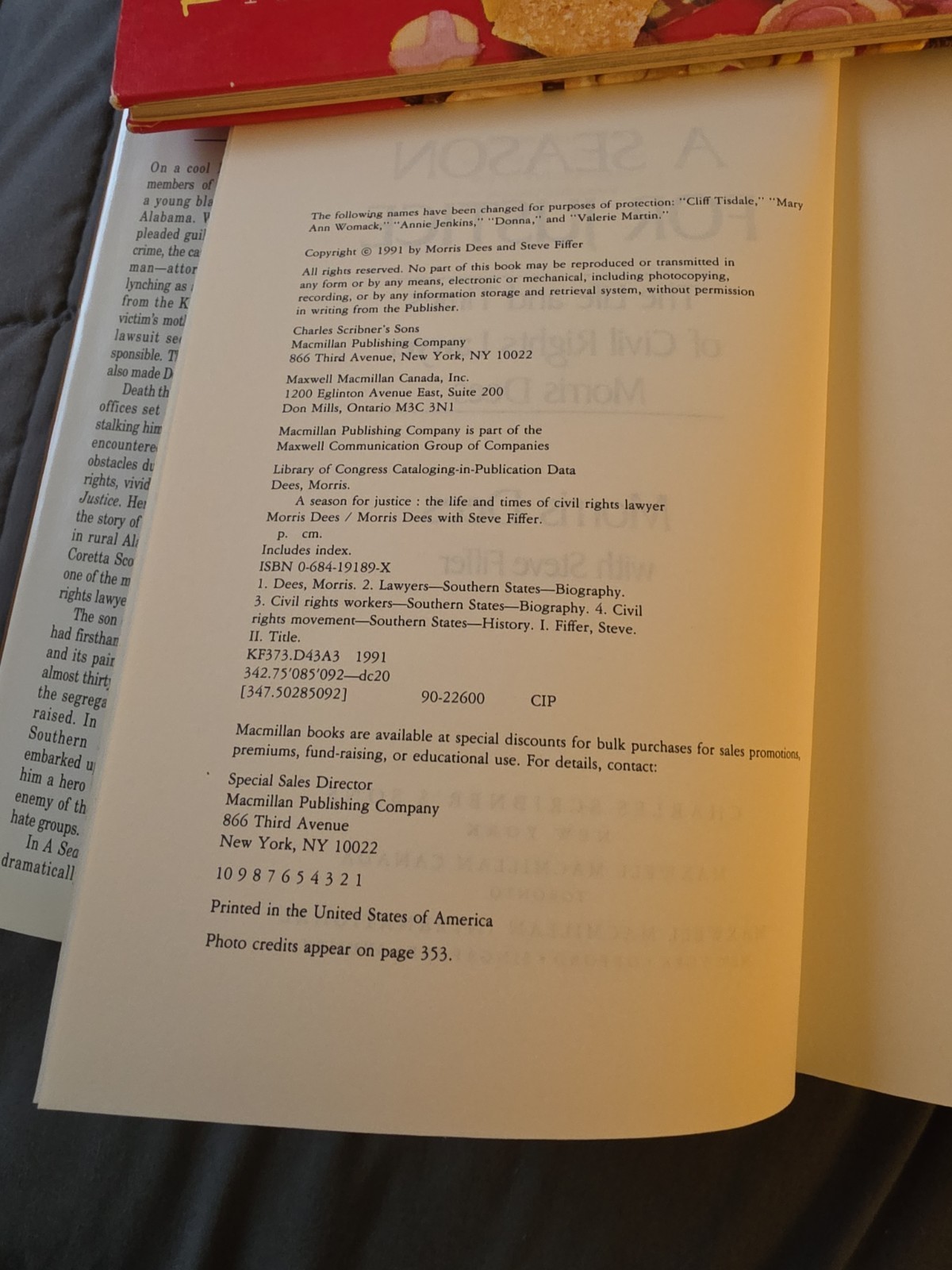 MORRIS DEES Signed Book(« A SEASON FOR JUSTICE »-1991 First Edition Hardback)