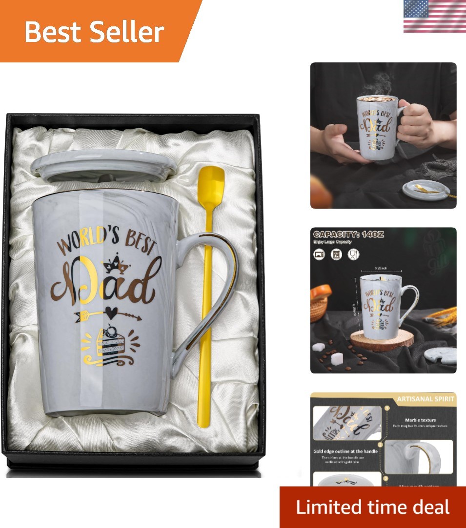 World&rsquo;s Best Dad Funny Mug – 14oz Grey Marble Ceramic Gift Set for Father&rsquo;s Day