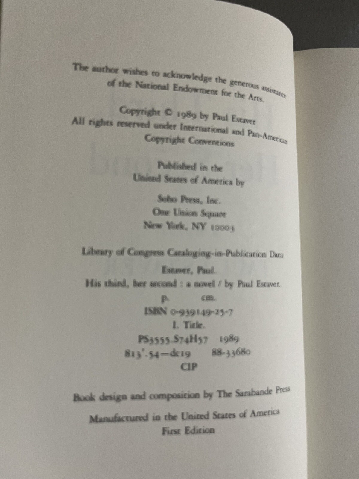 His Third, Her Second : a Novel Paul Estaver 1989 First Edition Hardcover