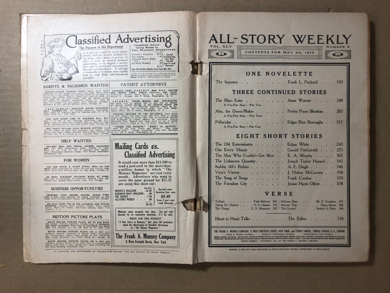 All-Story Weekly | May 22 1915 | Pellucidar pt 4 | Burroughs ERB | G/VG | 3.0