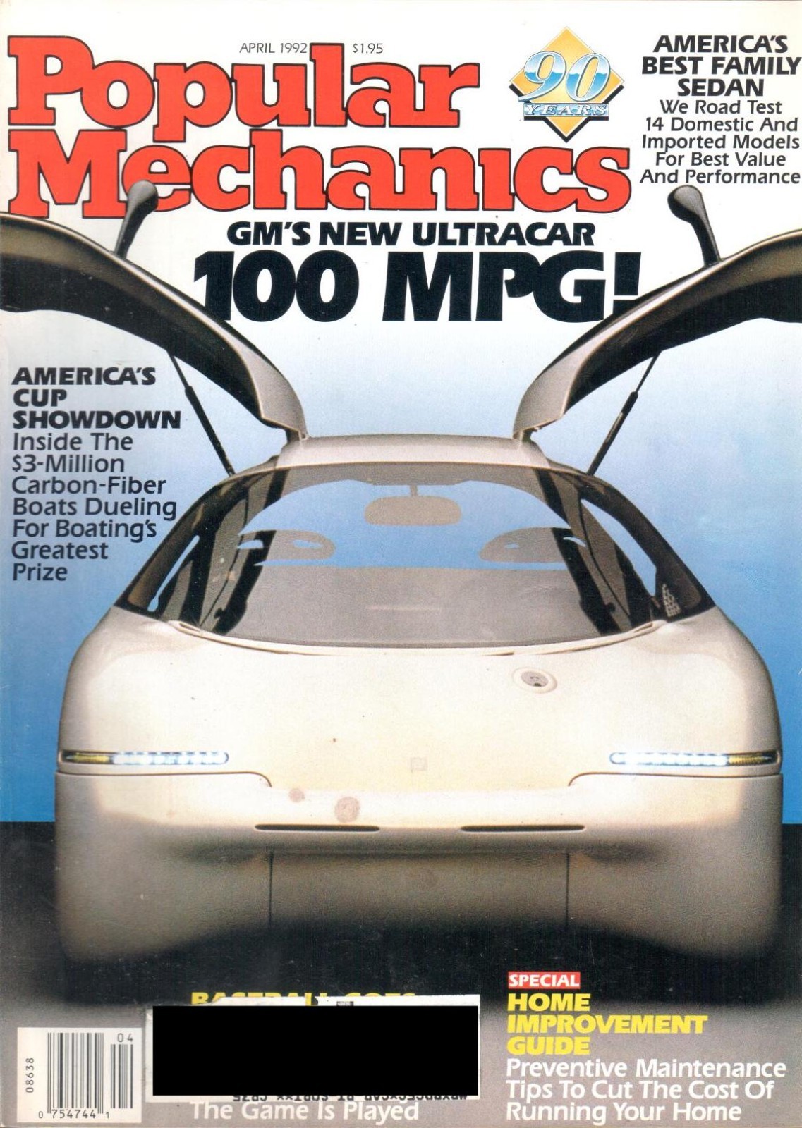 Popular Mechanics Single Issue. April 1992. GM&rsquo;s new Ultracar 100 MPG.