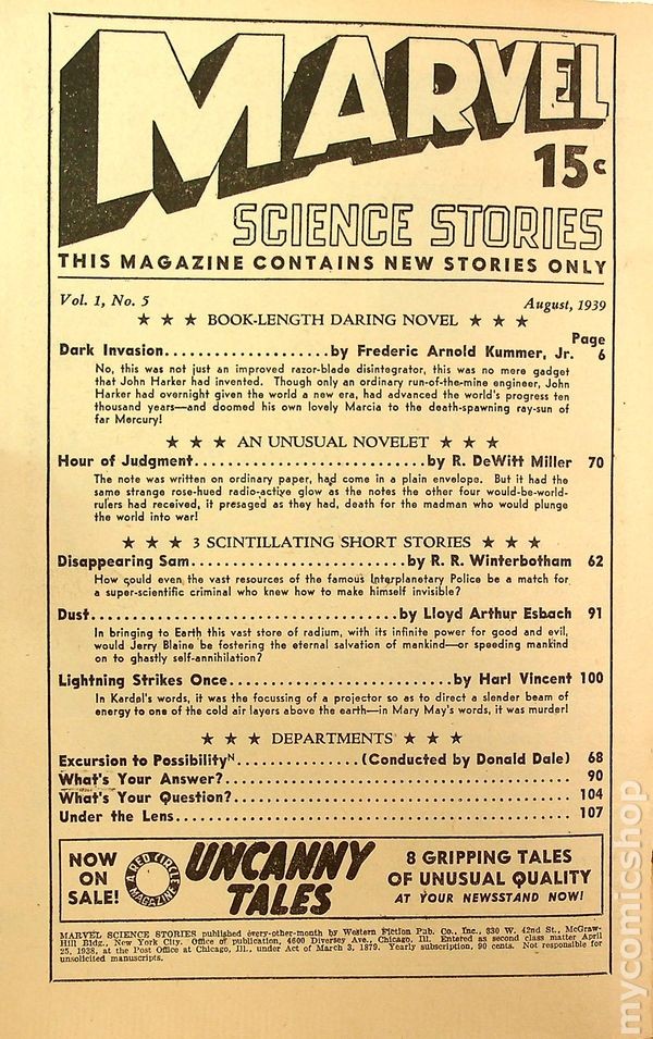 Marvel Science Stories Pulp 1st Series Aug 1939 Vol. 1 #5 GD/VG 3.0