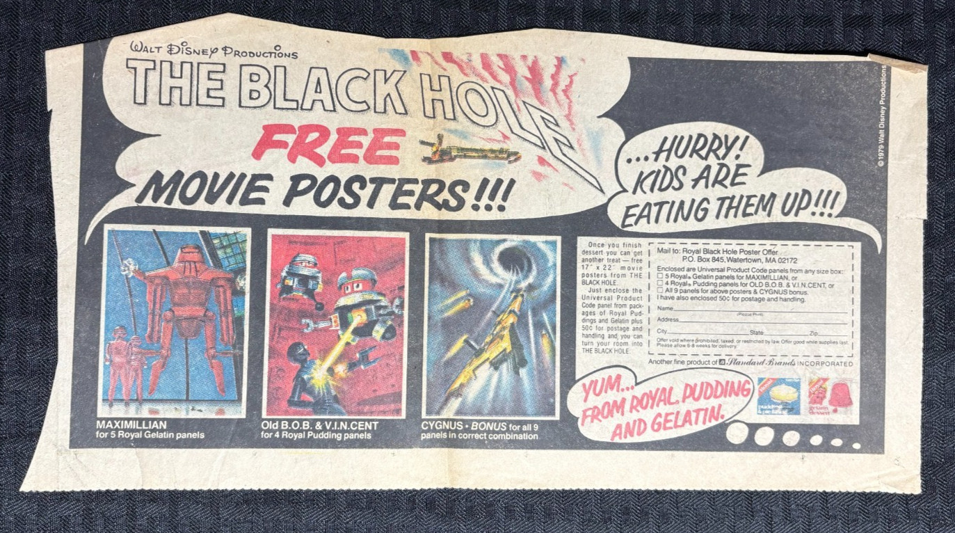 1979 THE BLACK HOLE 14×7.5&Prime; Movie Posters Print Ad G/VG 3.0 Royal Gelatin