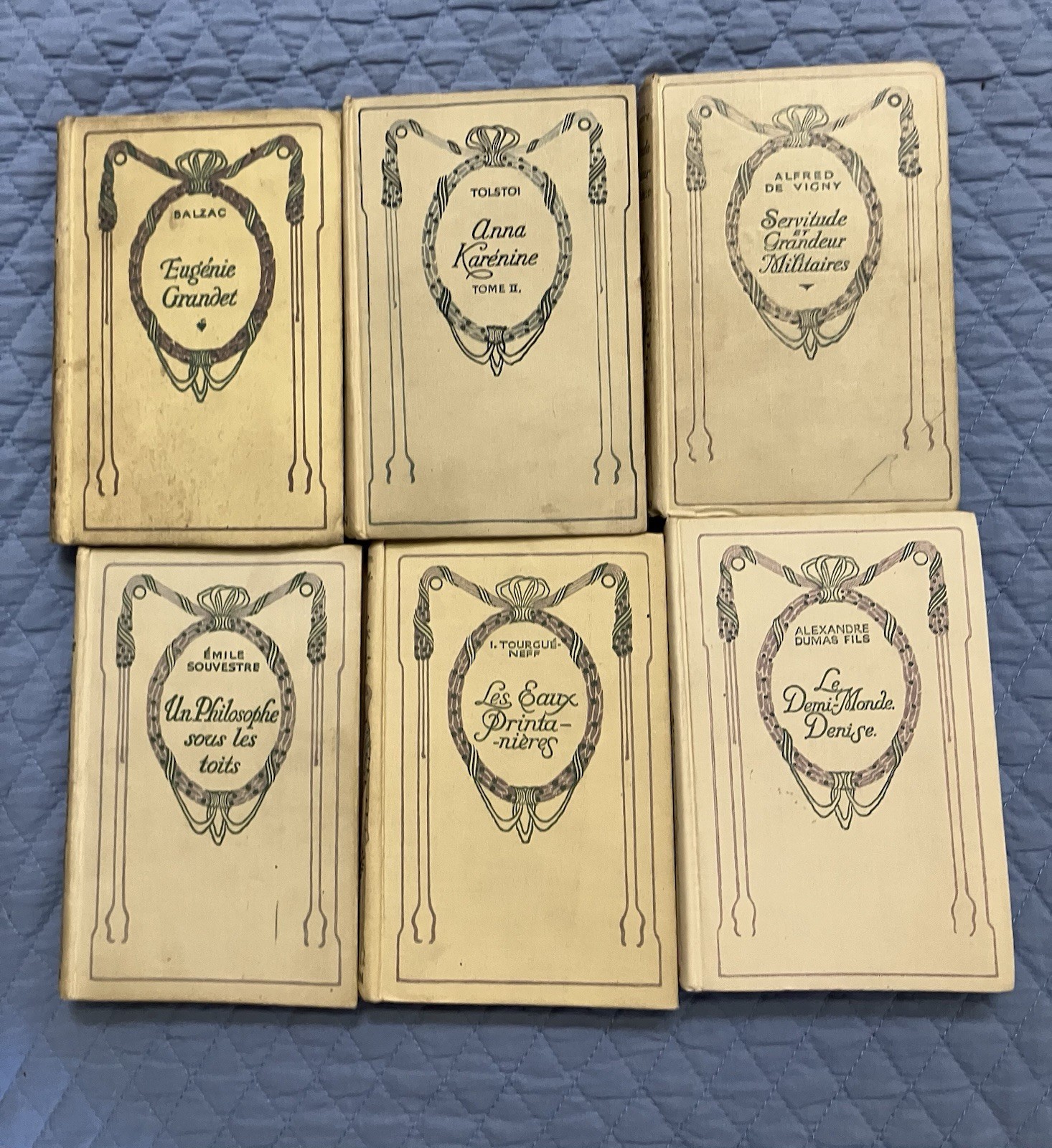Set of 5 Ivory/Beige/Tan ANTIQUE FRENCH Books COTTAGE CORE Library Decor Staging