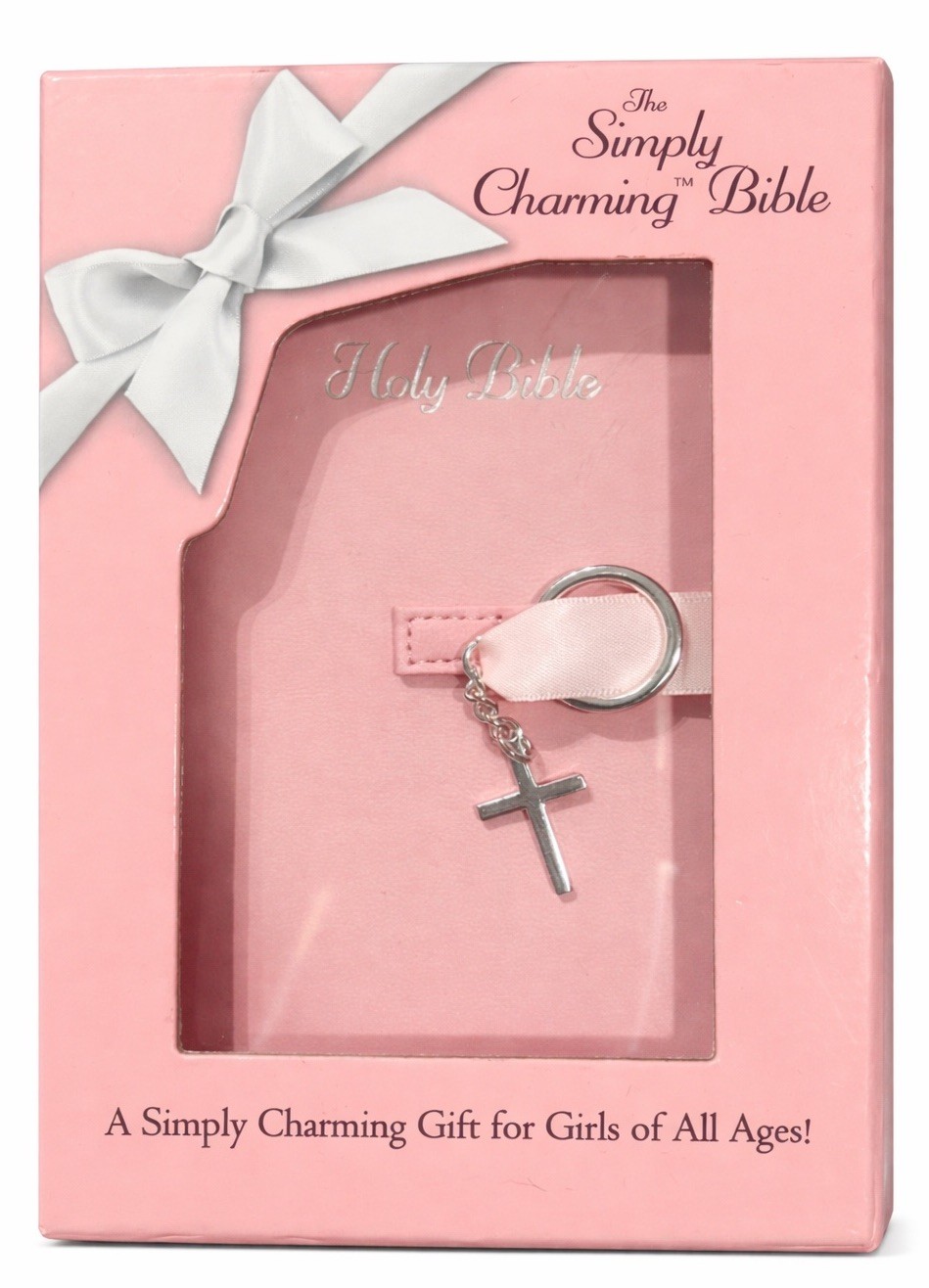 NKJV Simply Charming Bible Pink Hardcover Ribbon Cross Charm New