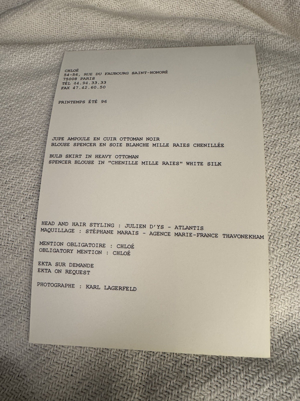 Chloe Runway Spring 1996 Written Invite Linda Evangelista Karl Lagerfeld RARE