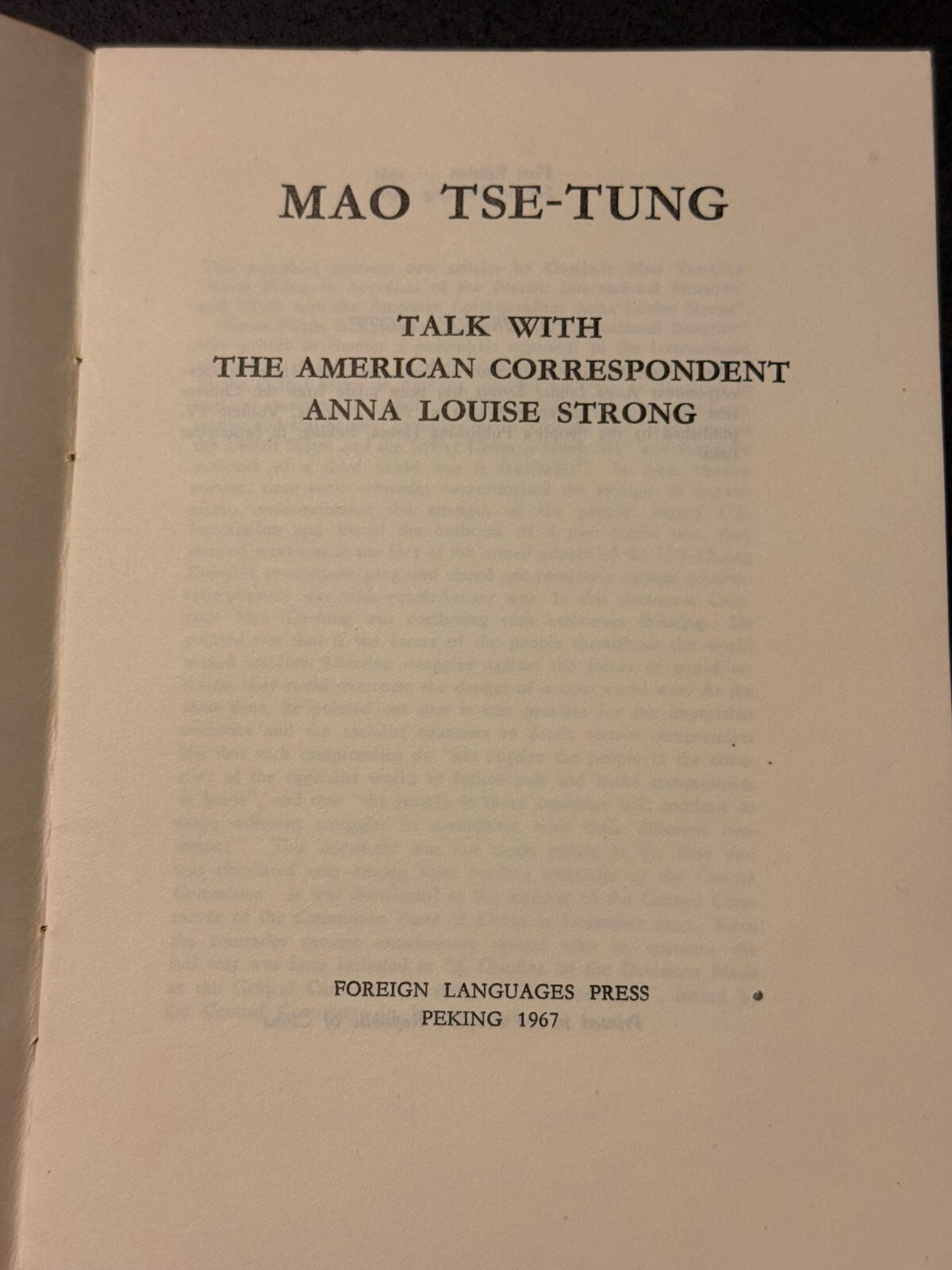 Mao Tse-Tung, TALK WITH THE AMERICAN CORRESPONDENT ANNA LOUISE STRONG, Very Rare