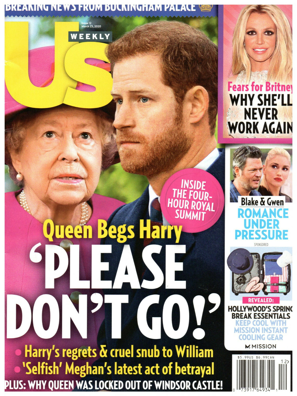 US Magazine March 23 2020 Queen Elizabeth Prince Harry Britney Spears Blake Gwen