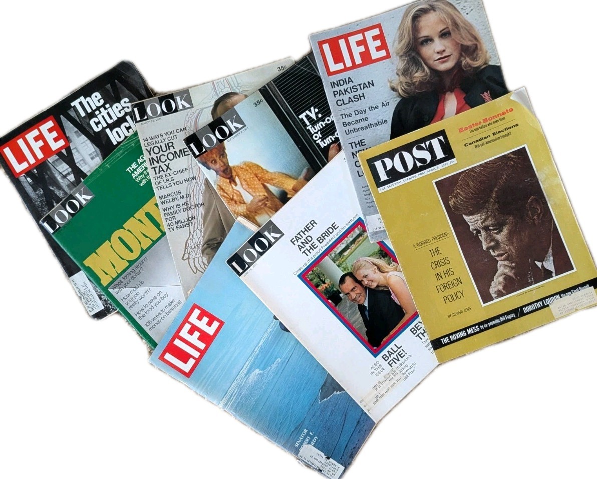 VTG Lot/8 Magazines&rsquo;63 POST-JFK /&rsquo;68 LIFE RF/, 6- 1971 LOOK Ads MCM Lifestyle