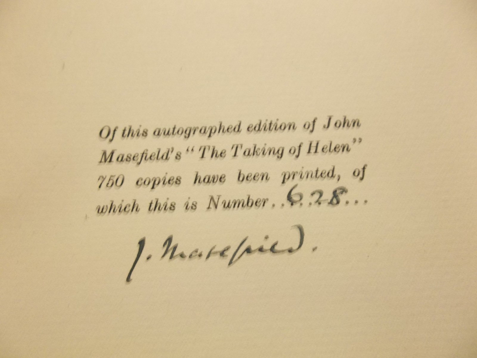 The Taking of Helen by John Masefield 1923 SIGNED Limited Edition HC #628/750