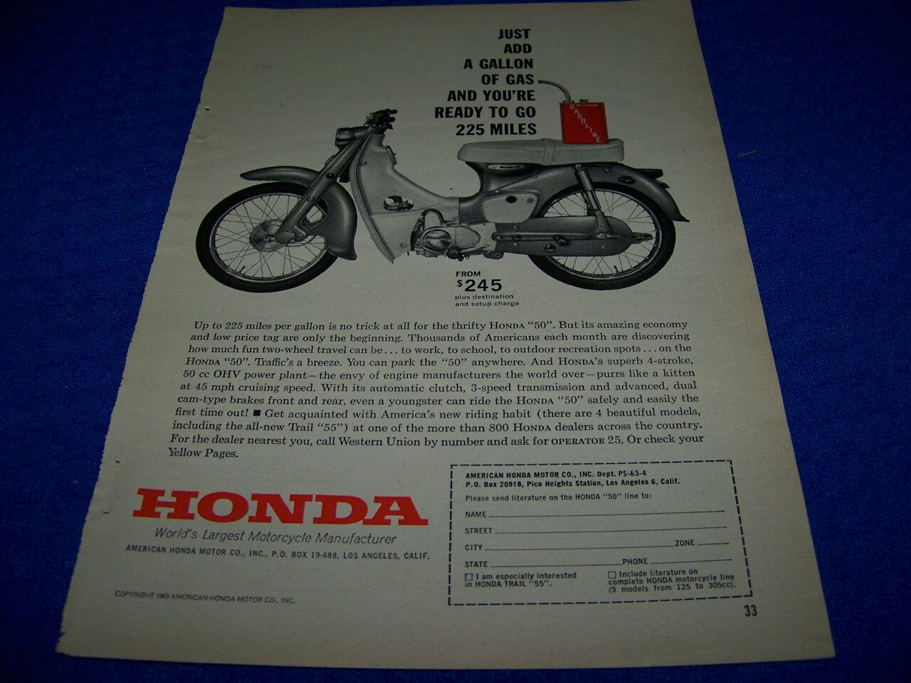 1963 HONDA 50 « JUST ADD A GALLON OF GAS »..1-PAGE ORGINAL SALES AD (329BB)