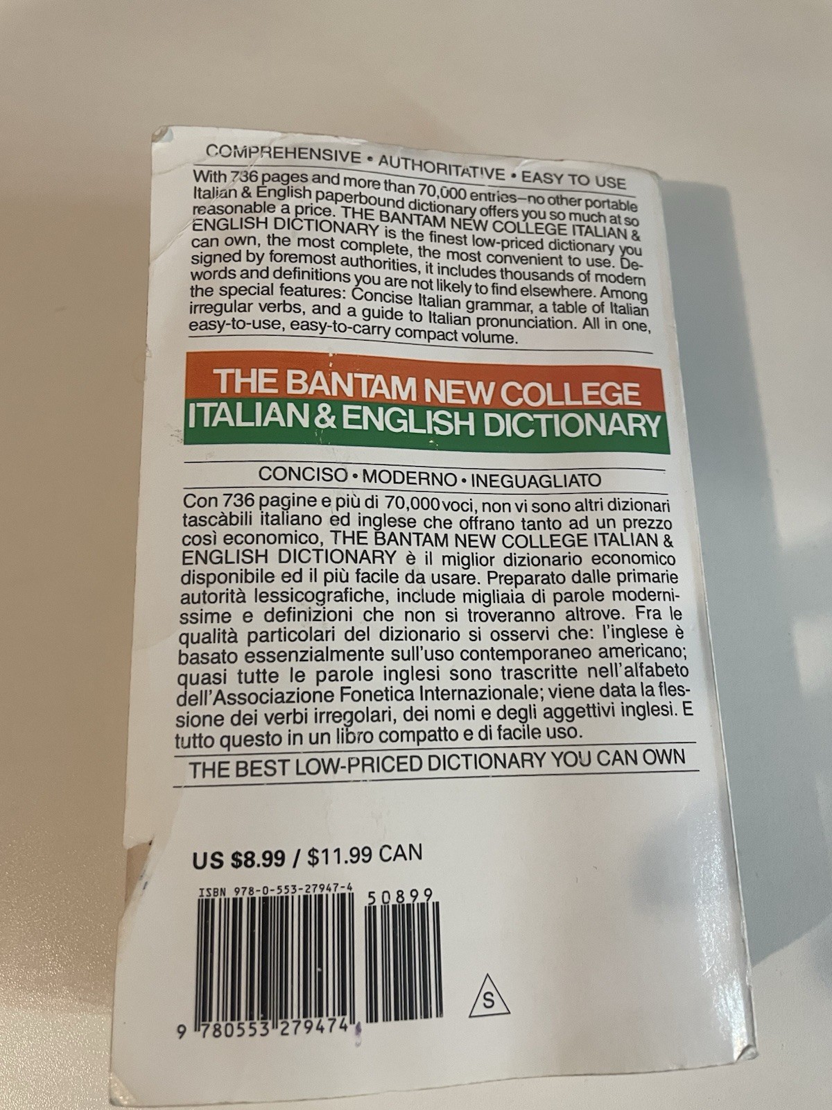 Bantam Italian & English Dictionary by Robert C. Melzi, Paperback, 736 Pages