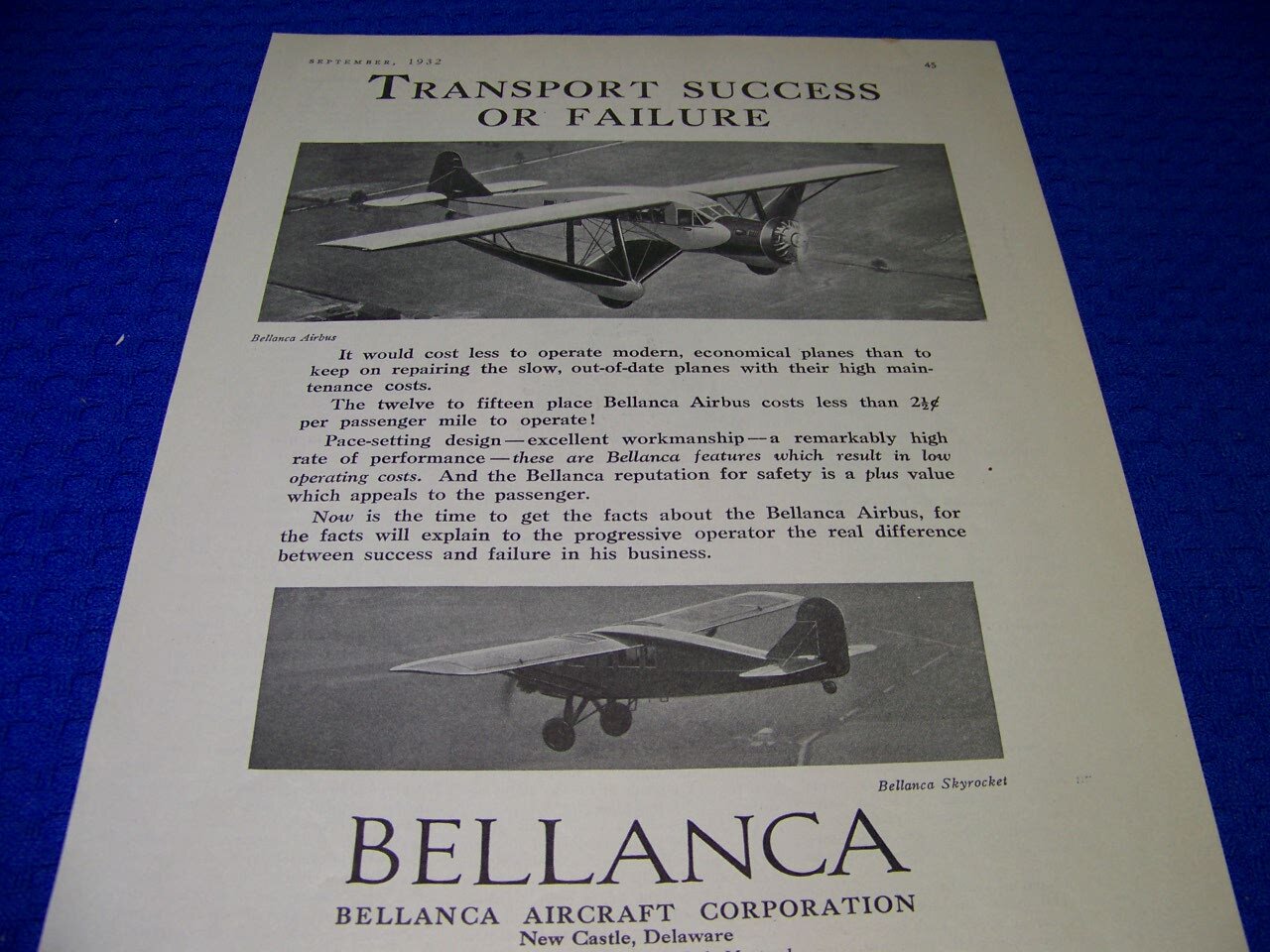 1932 BELLANCA AIRBUS « TRANSPORT SUCCESS OR FAILURE ».. 1-PAGE SALES AD (296GG)