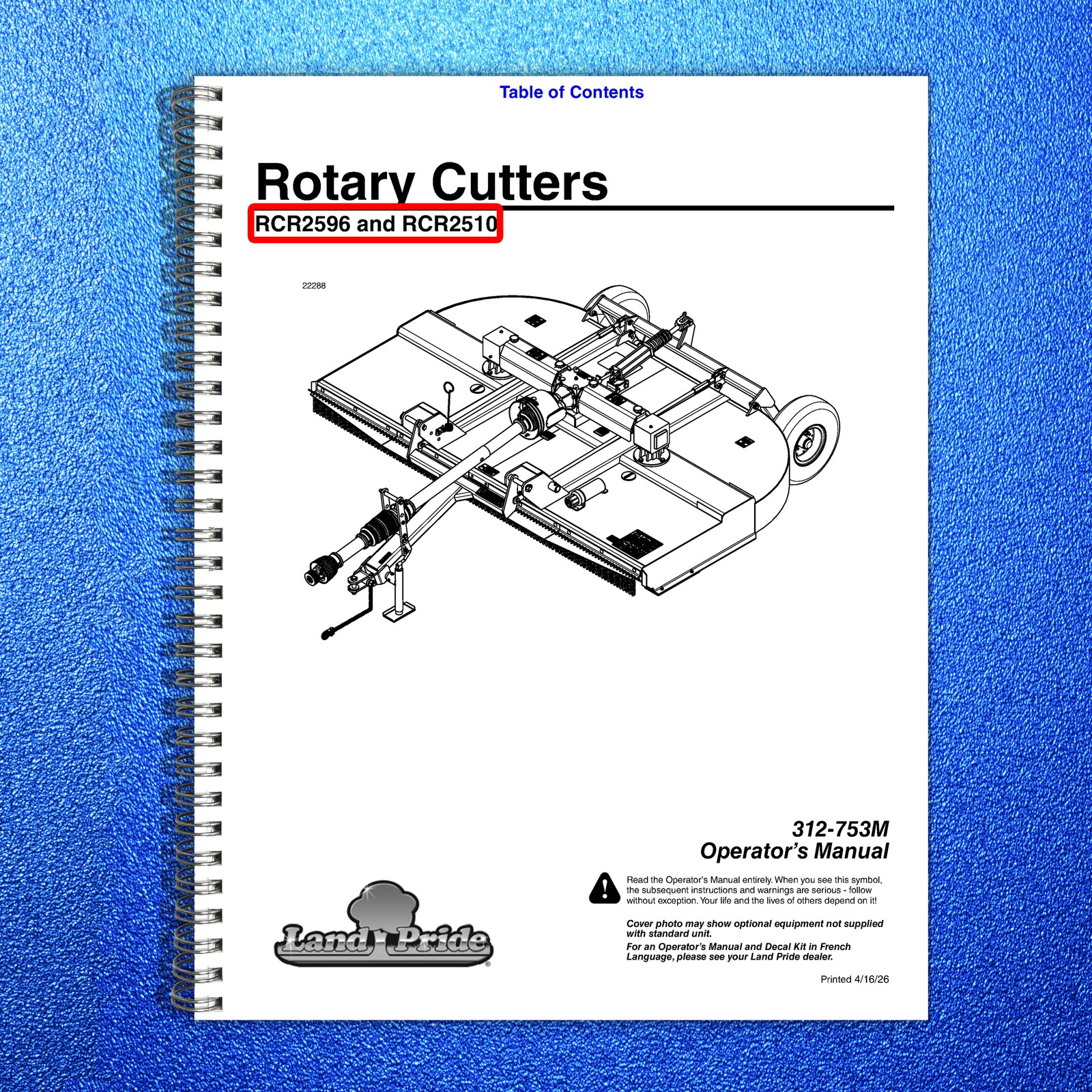 LAND PRIDE RCR2596 RCR2510 Rotary Cutters Operators Manual 2026 – WIRE BOUND