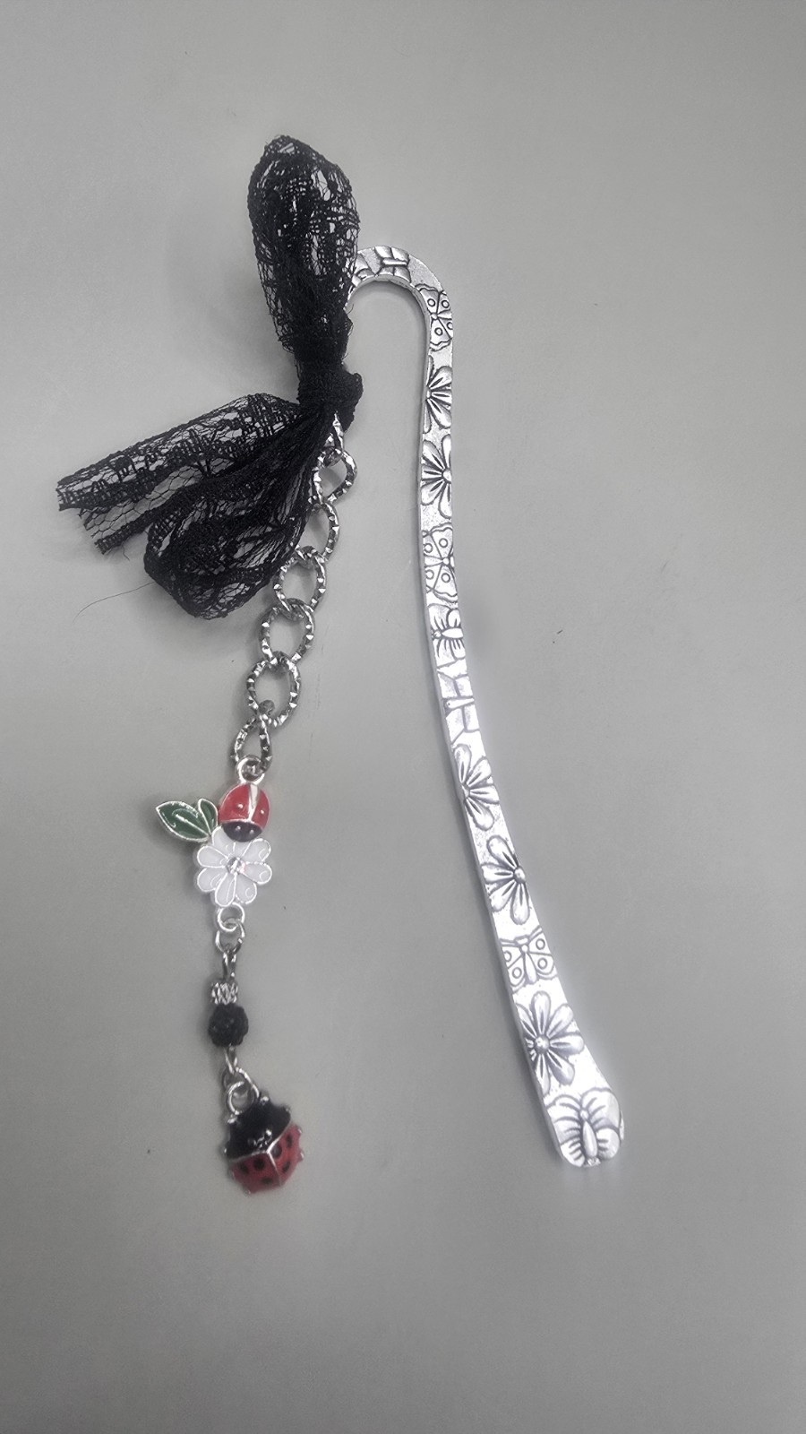 Handmade Ladybug Metal Bookmark 4.5in Floral Engraved Lace Bow Charm