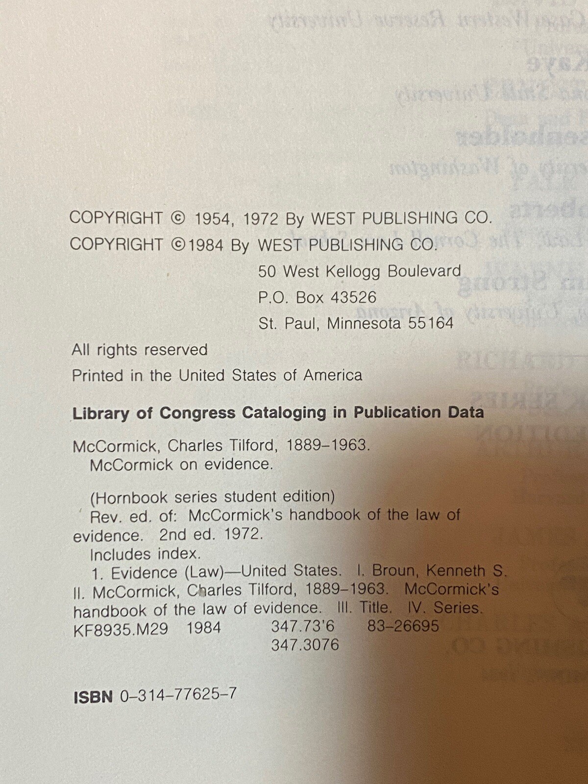 McCormick on Evidence 3rd Ed 1984 HC West Publishing Hornbook Series Student Ed