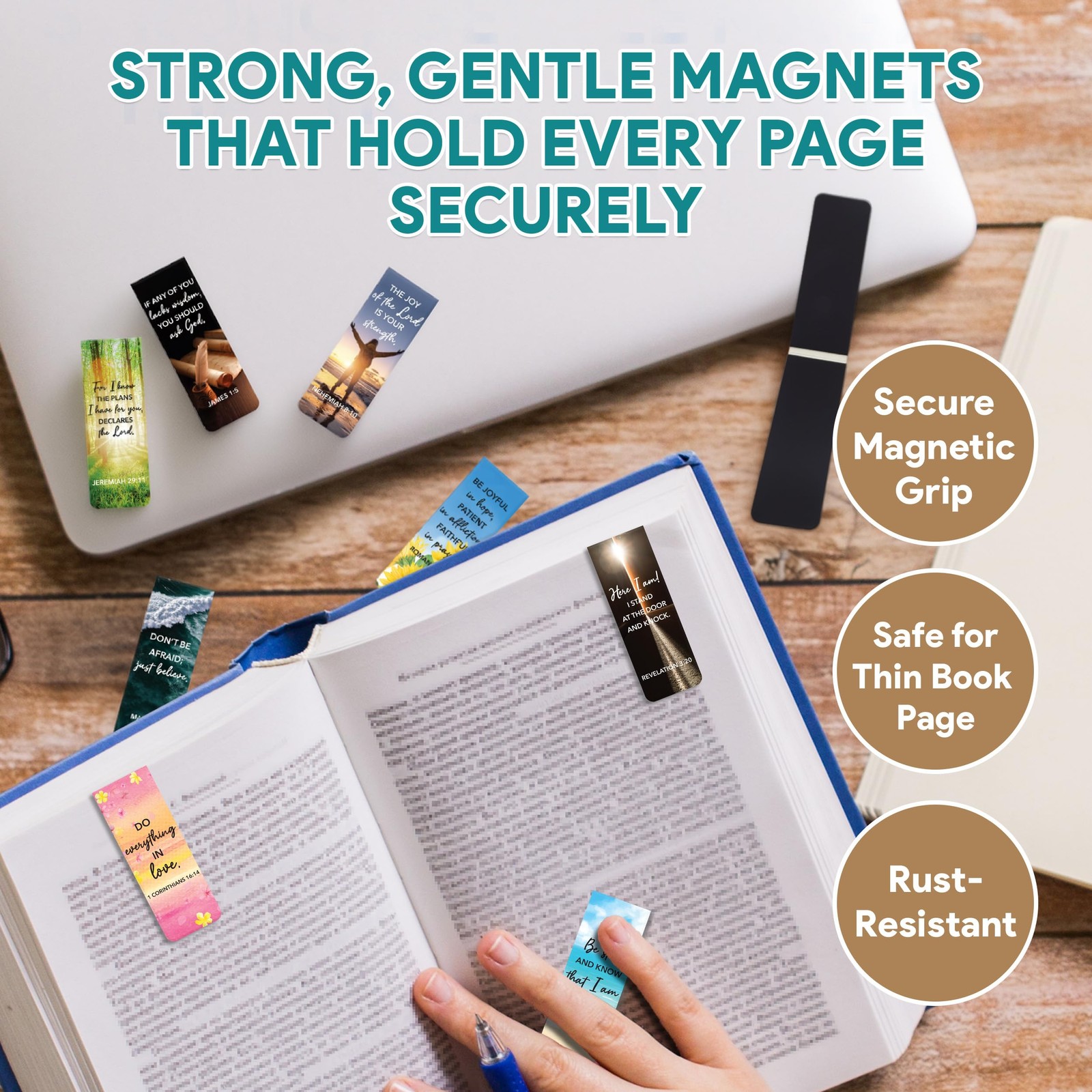 Decorably 50 Pack 0.8×2.3in Bible Religious Magnetic Bookmarks, Unique Gold
