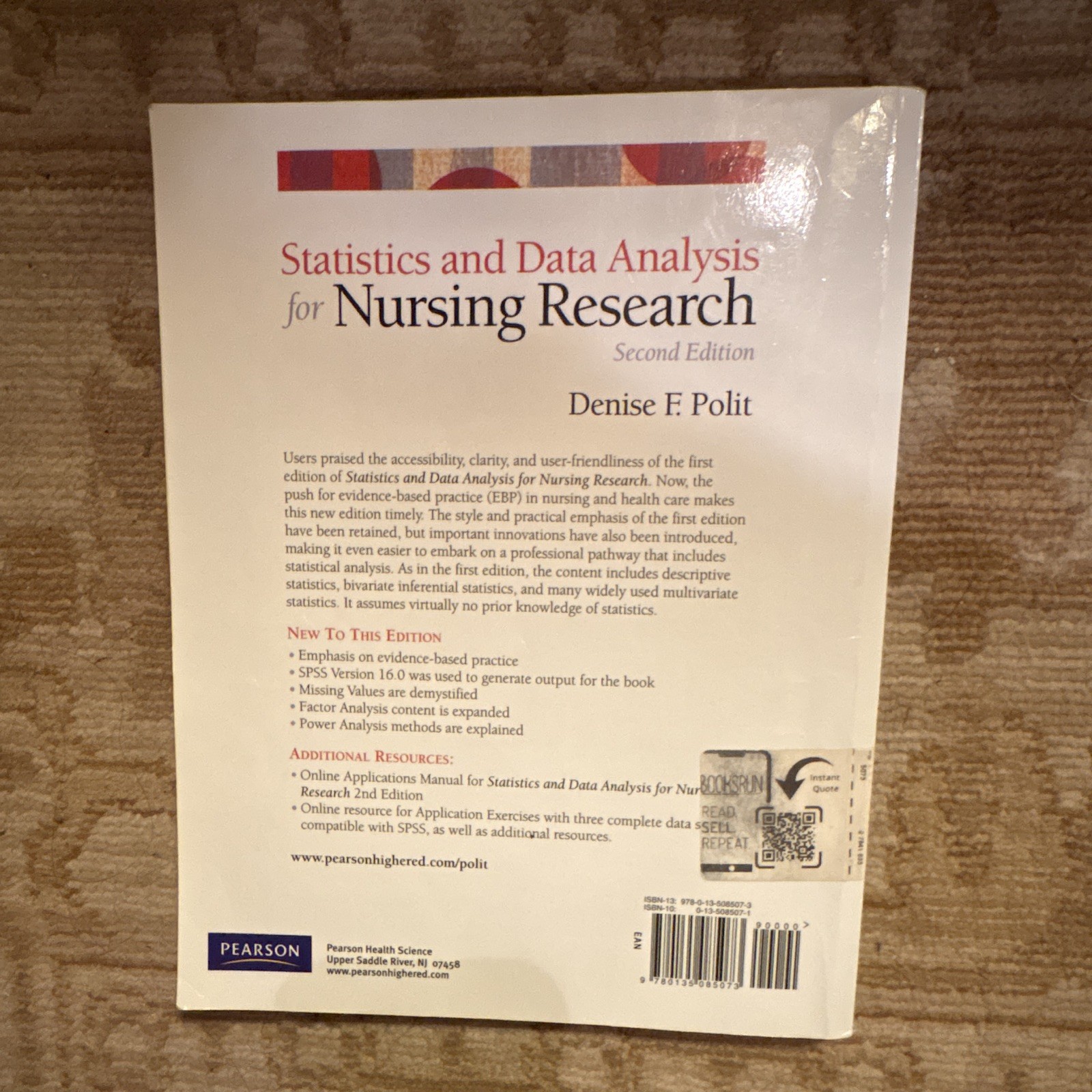 Pearson Statistics and Data Analysis for Nursing Research 2nd Ed Polit 2010 PB