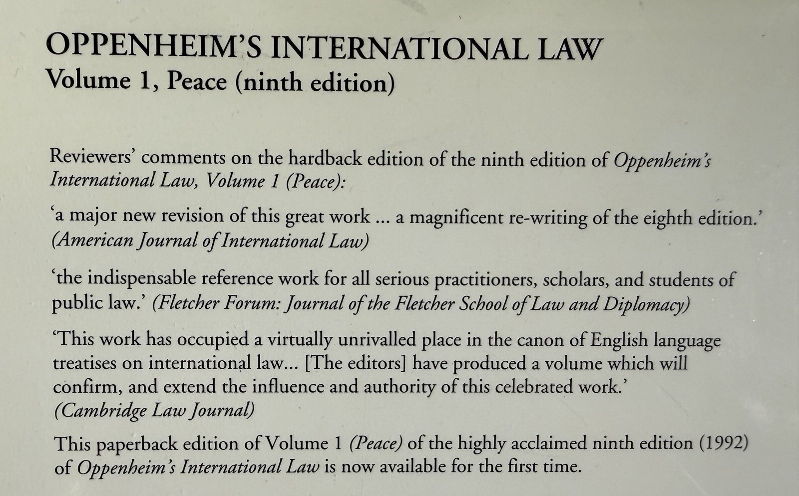 Oppenheim’s International Law PEACE 9th Edition Parts 1-4 in Two Paperback Books