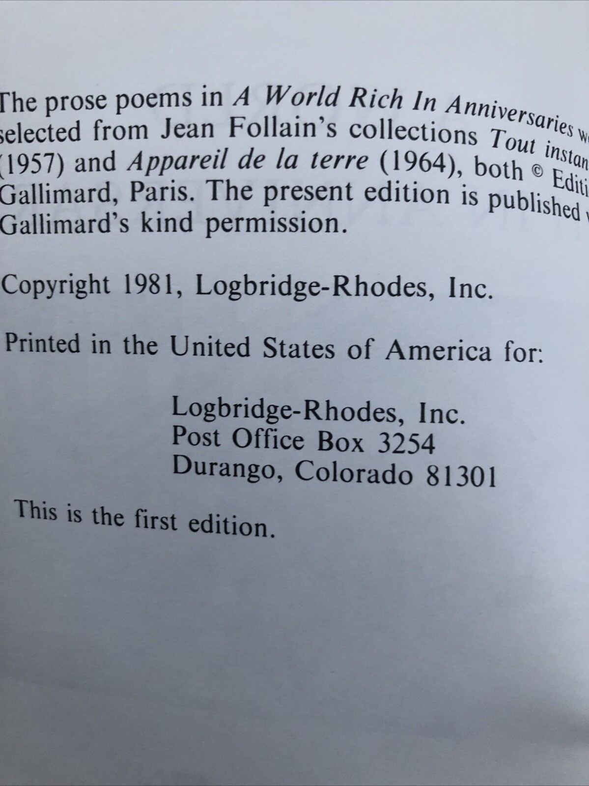 A World Rich in Anniversaries (1981) Jean Follain Eng/Fre Logbridge-Rhodes