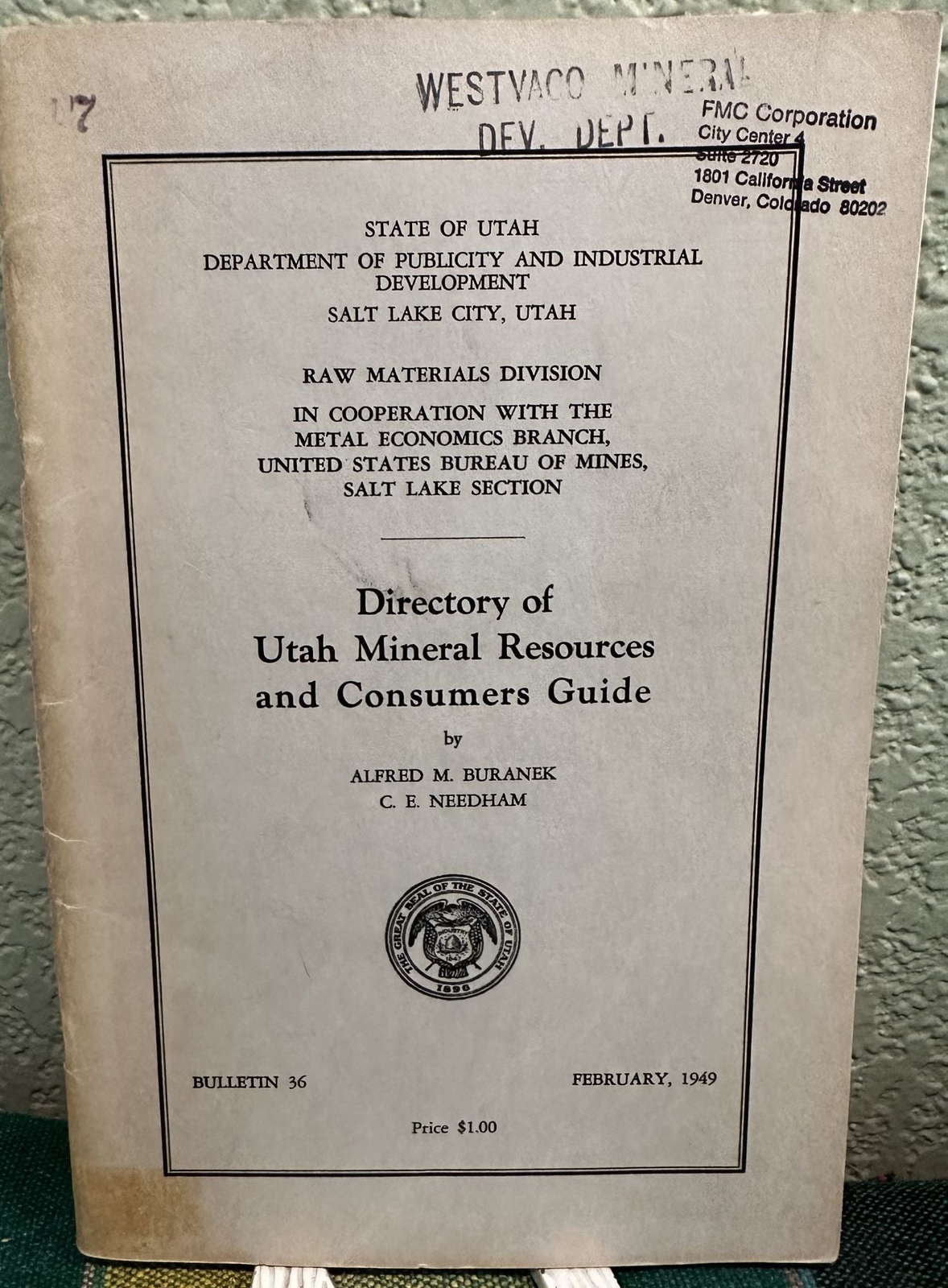 A M.& Needham Burbank / DIRECTORY OF UTAH MINERAL RESOURCES & CONSUMERS 1st