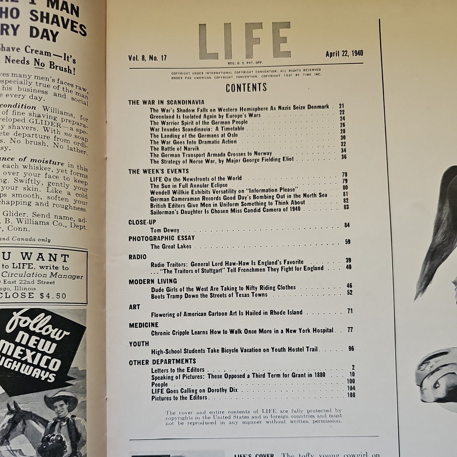 Life Magazine April 22 1940, Dude Outfit, Cowgirl Fashion, Oslo, Great Lakes