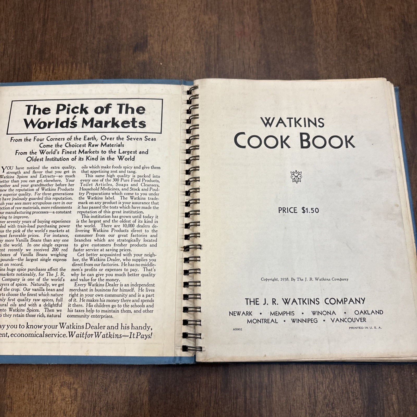 Cookbook 1938 J.R. Watkins Blue Wire Bound Interesting Recipes Vtg 288 Pages