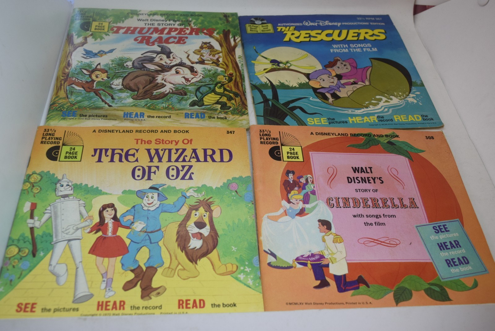 4 Disney Children&rsquo;s Records Cinderella, Wizard of Oz, Thumpers Race, the Rescuer