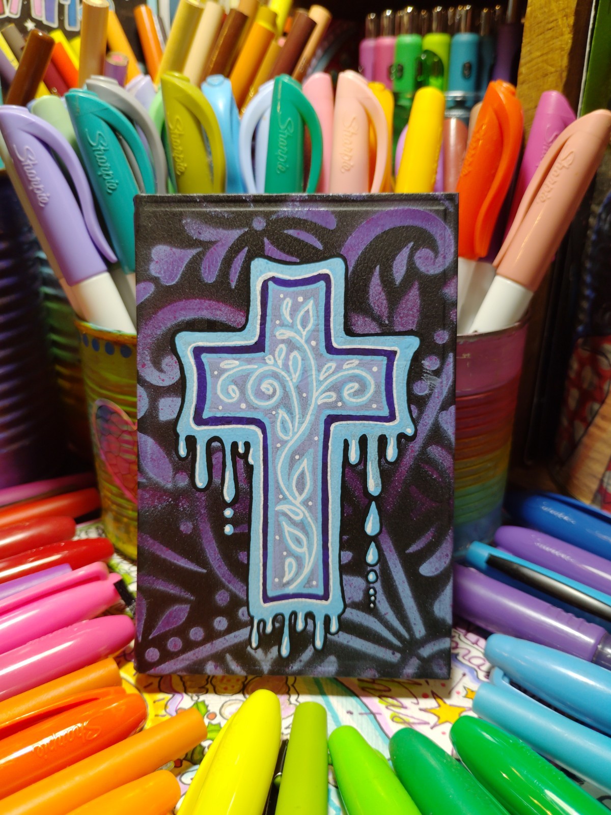 KJV pocket size New Testament Holy Bible, Hand Painted Cover.~Blue Cross Drippy