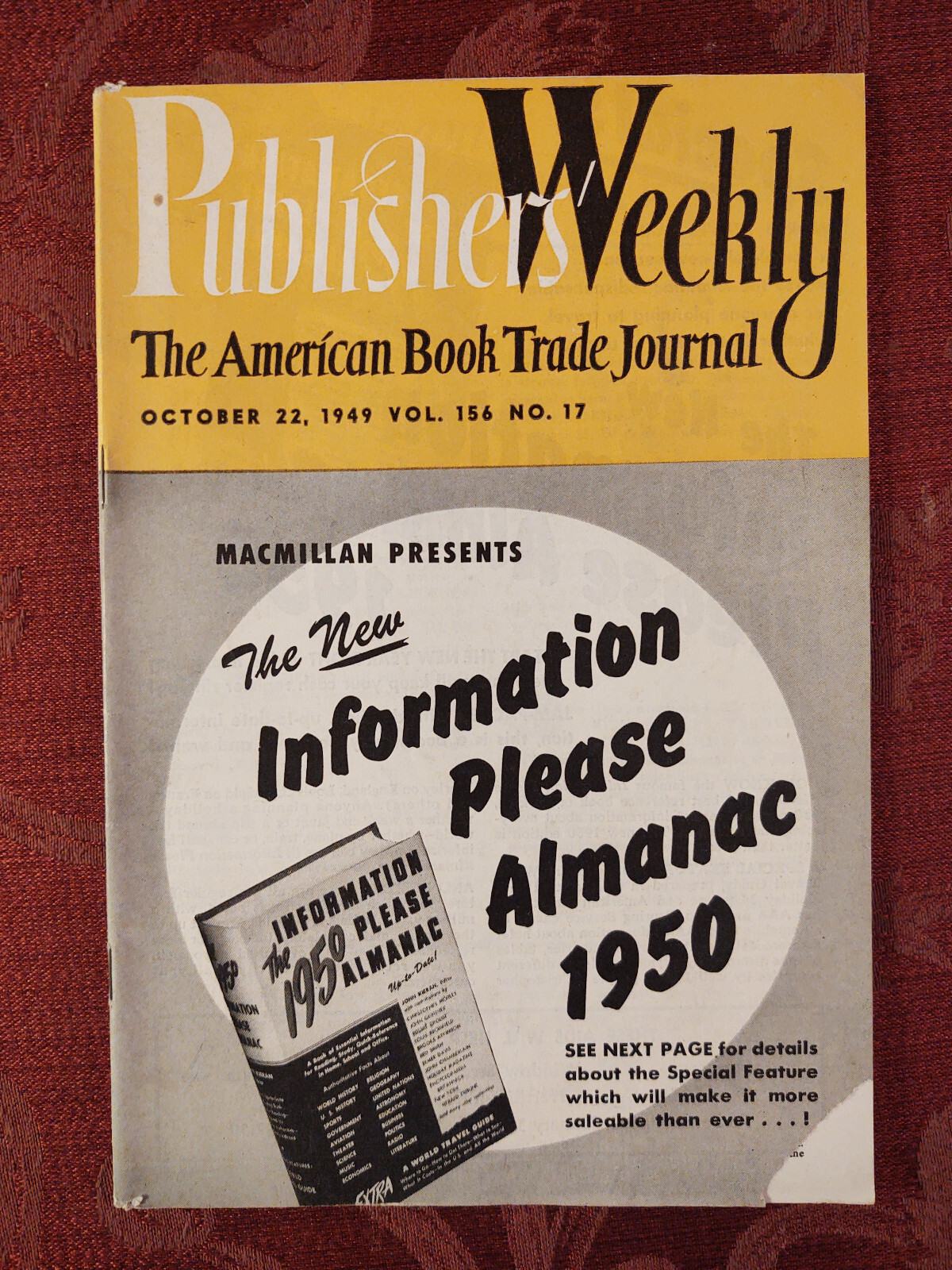 PUBLISHERs WEEKLY Book Trade Journal Magazine October 22 1949 Almanacs