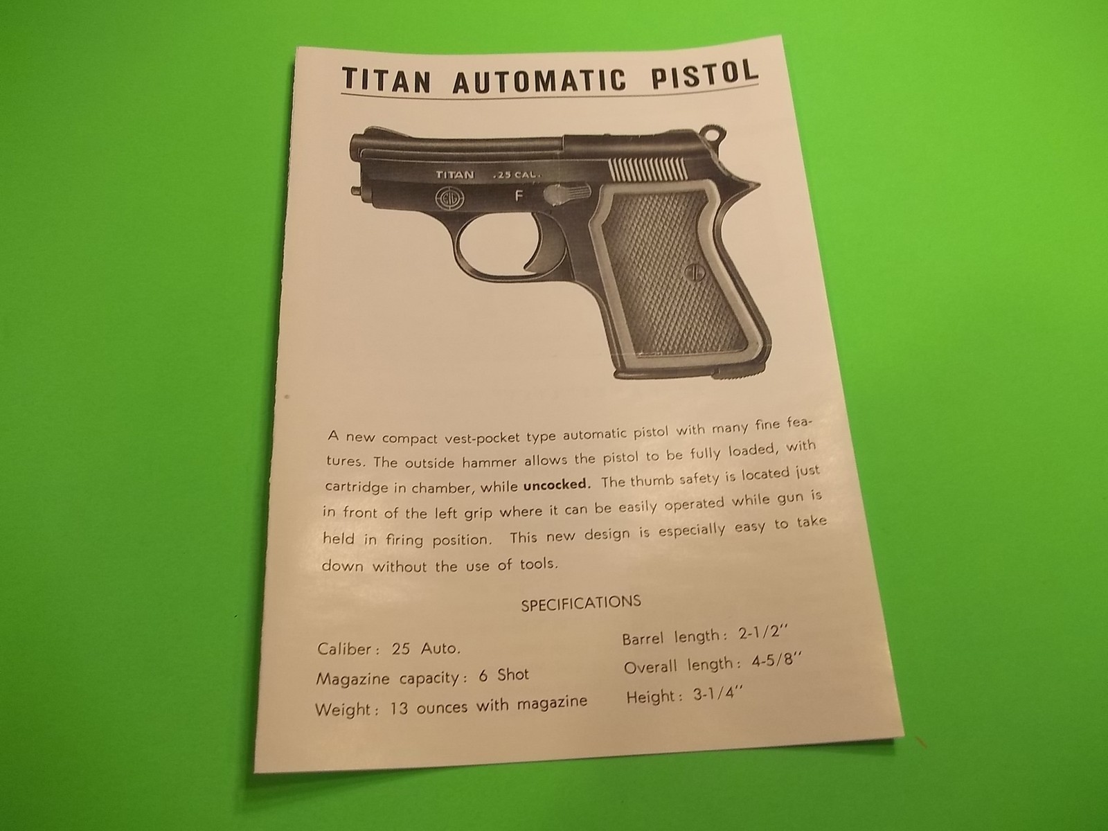 TITAN .25 CALIBER AUTOMATIC PISTOL MANUAL